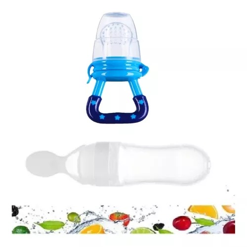 Chupón Alimentador Azul Fruta Y Biberón Cuchara Para Papilla Bebe