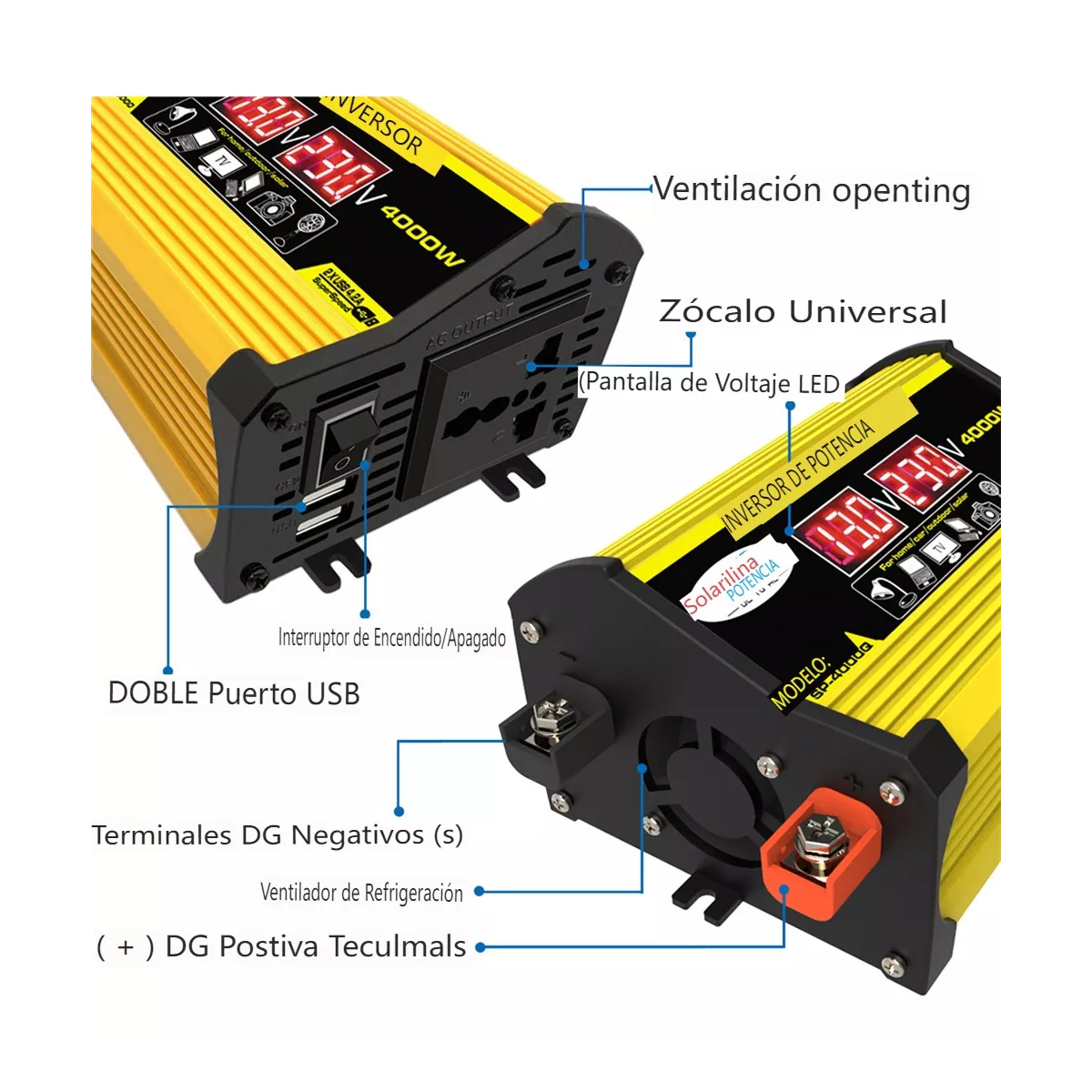 Inversor De Corriente Para Auto Carro 4000w 12v A 110v Amarillo.