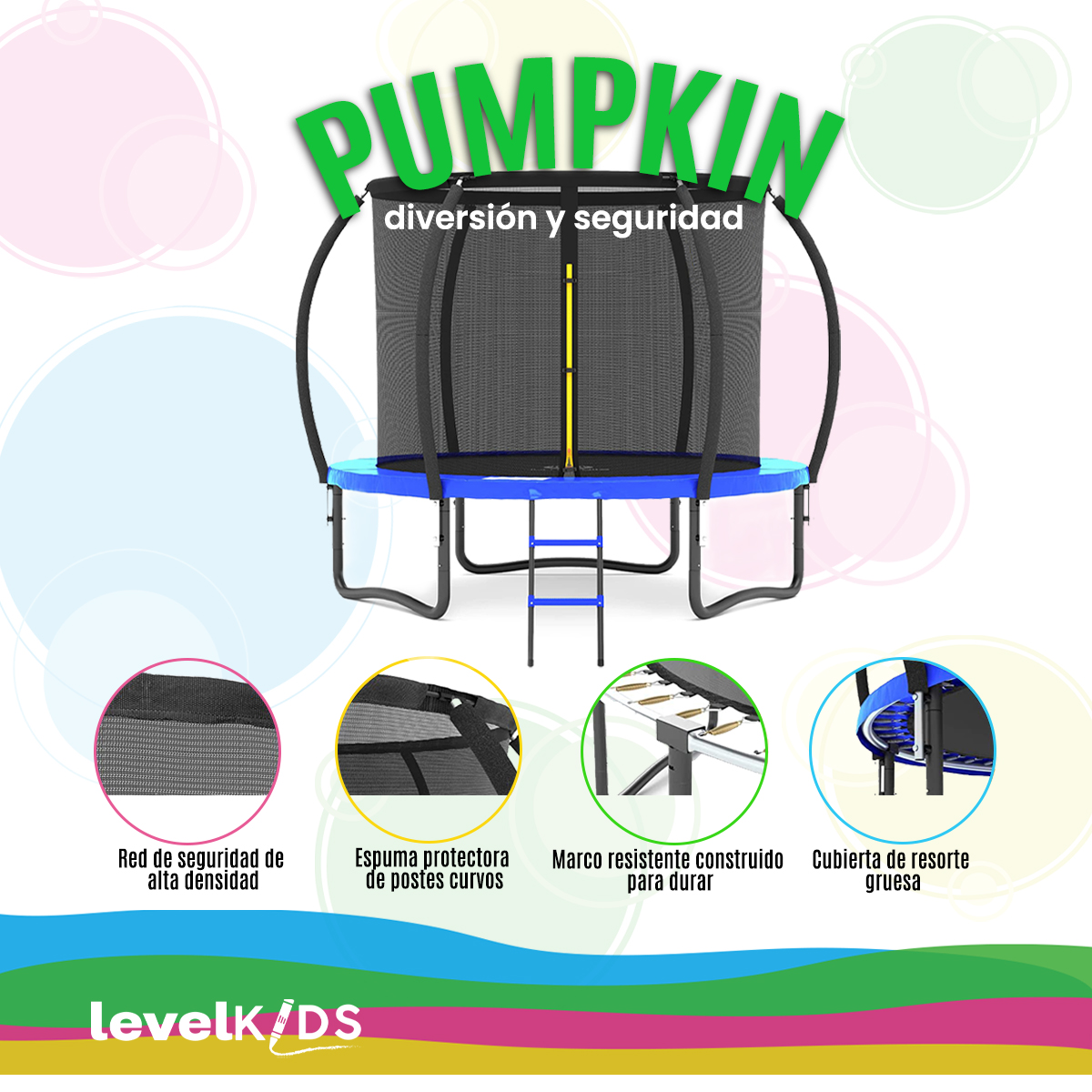 Trampolín Pumpkin 8ft Con Escalera, Color Azul.