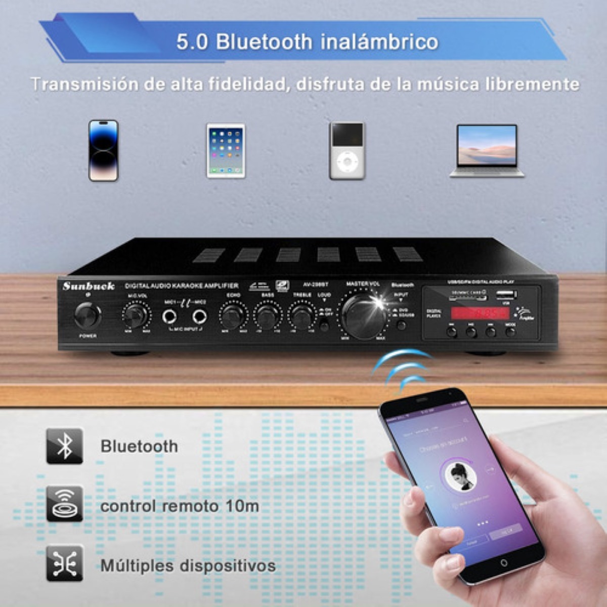 Amplificador De Audio Sunbuck Av-298bt De 5 Canales, 2000w.