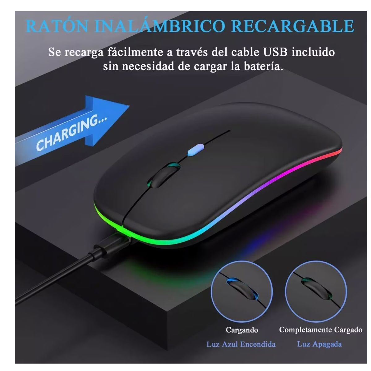 Mouse Inalambrico Recargable RGB Slim Negro.