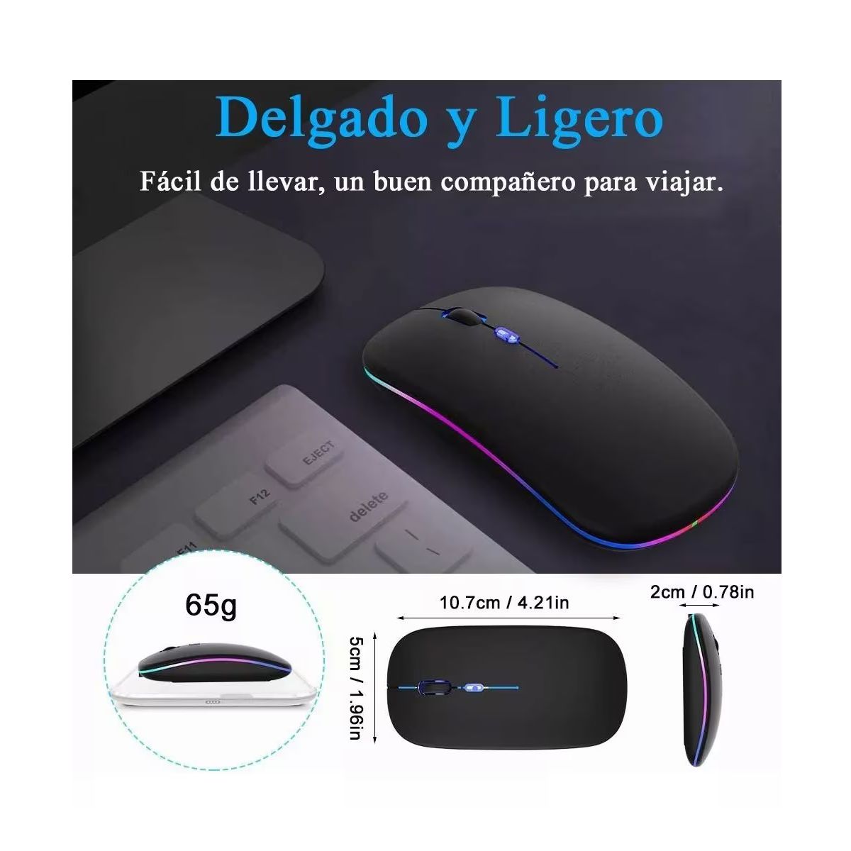 Mouse Inalambrico Recargable RGB Slim Negro.