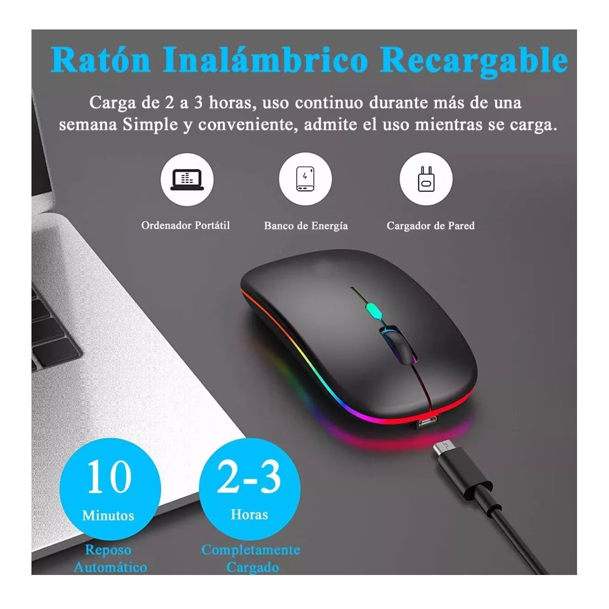 Mouse Inalambrico Recargable RGB Slim Negro.