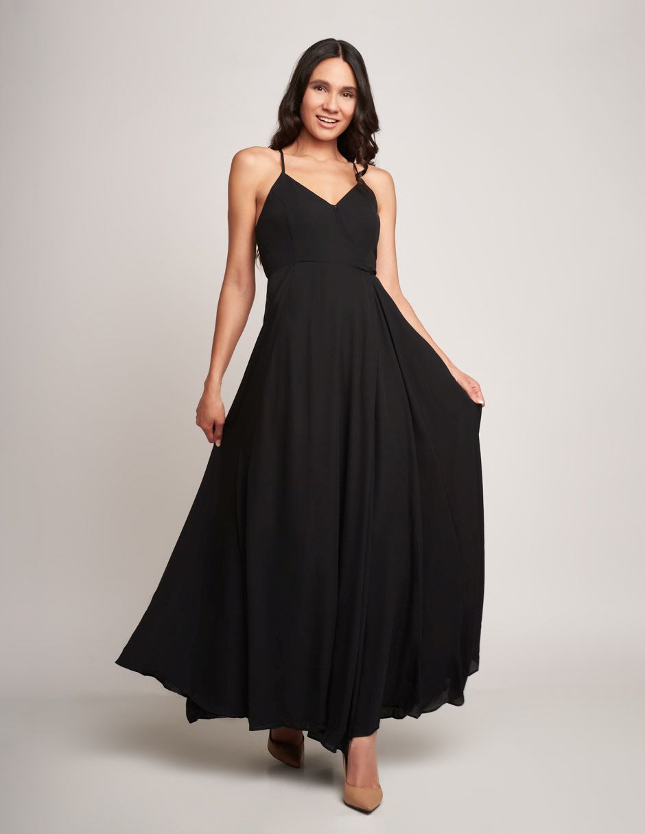 Vestido largo de noche Devendi sin mangas con escote en espalda y tirantes