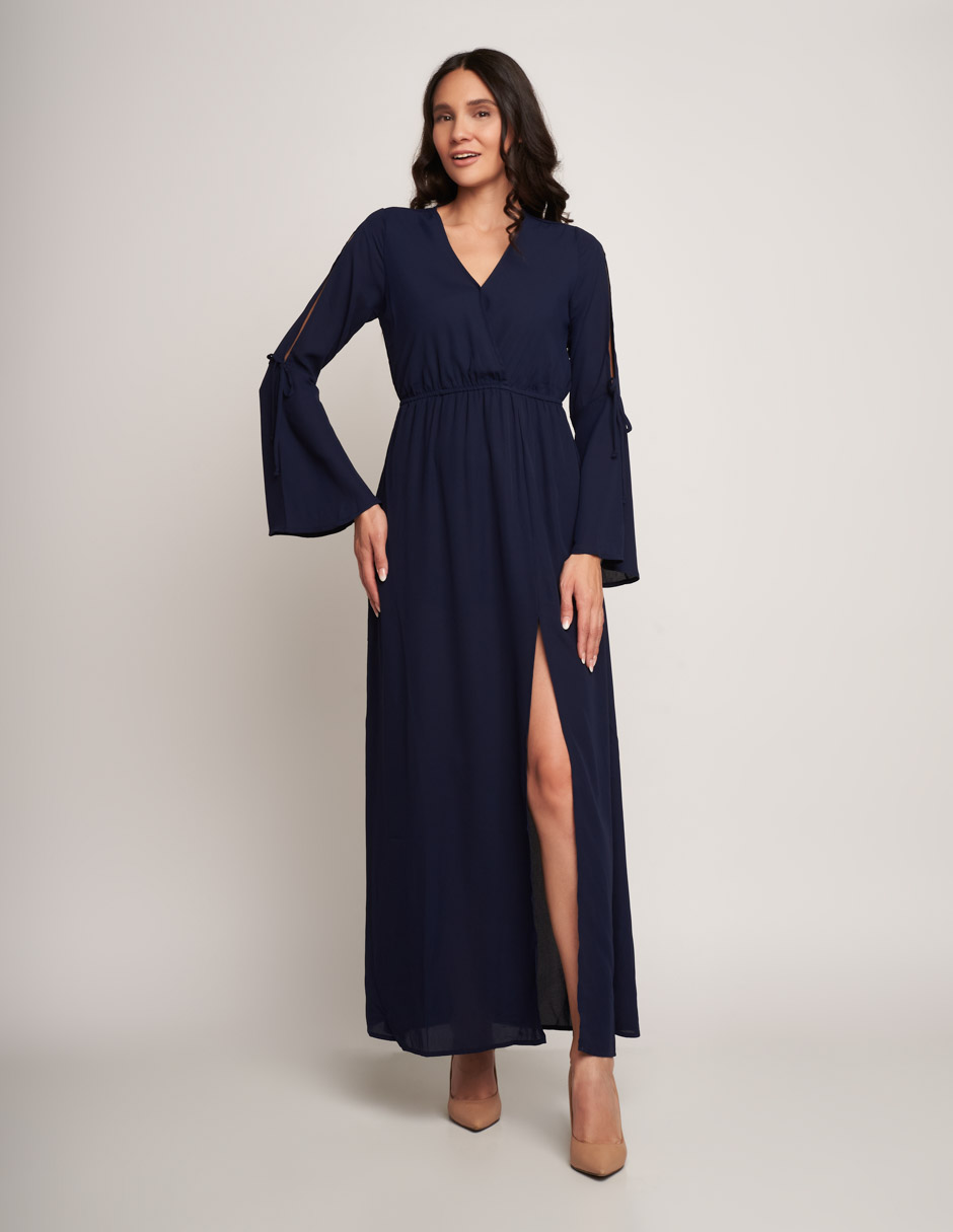 Vestido largo azul marino formal con escote en manga: elegancia atemporal para ocasiones especiales