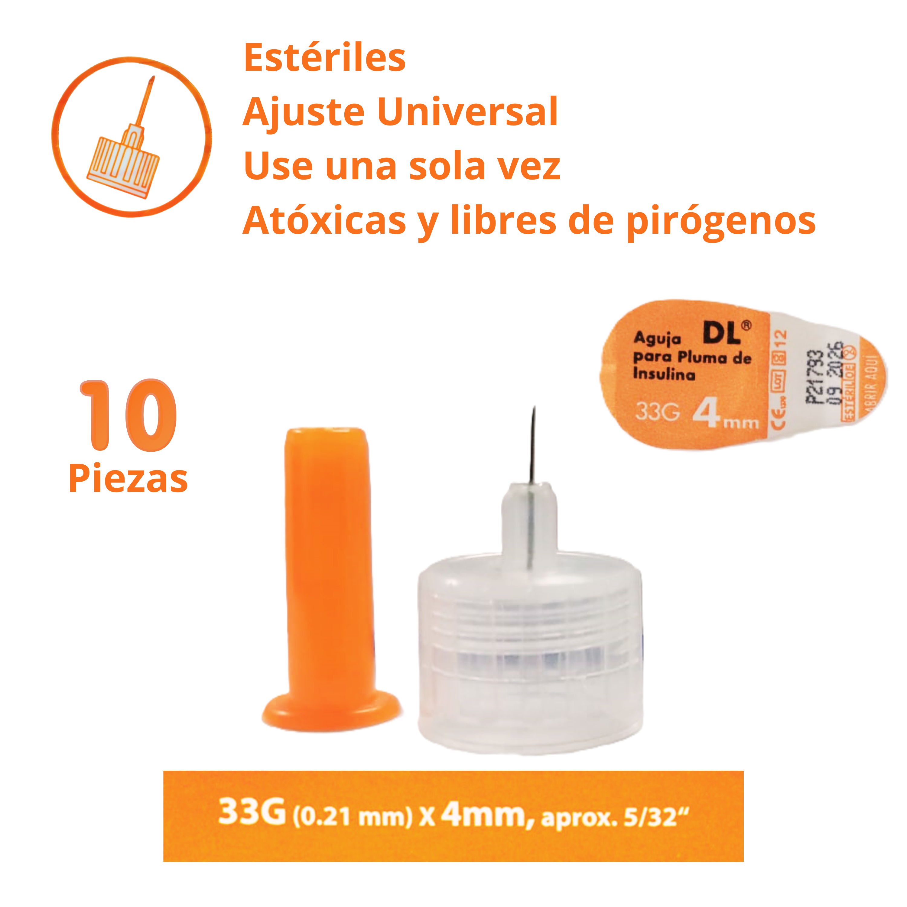 Agujas Desechables para pluma de insulina Caja con 10 piezas, para dispositivos de inyeccion Esteriles 33GRX4MM