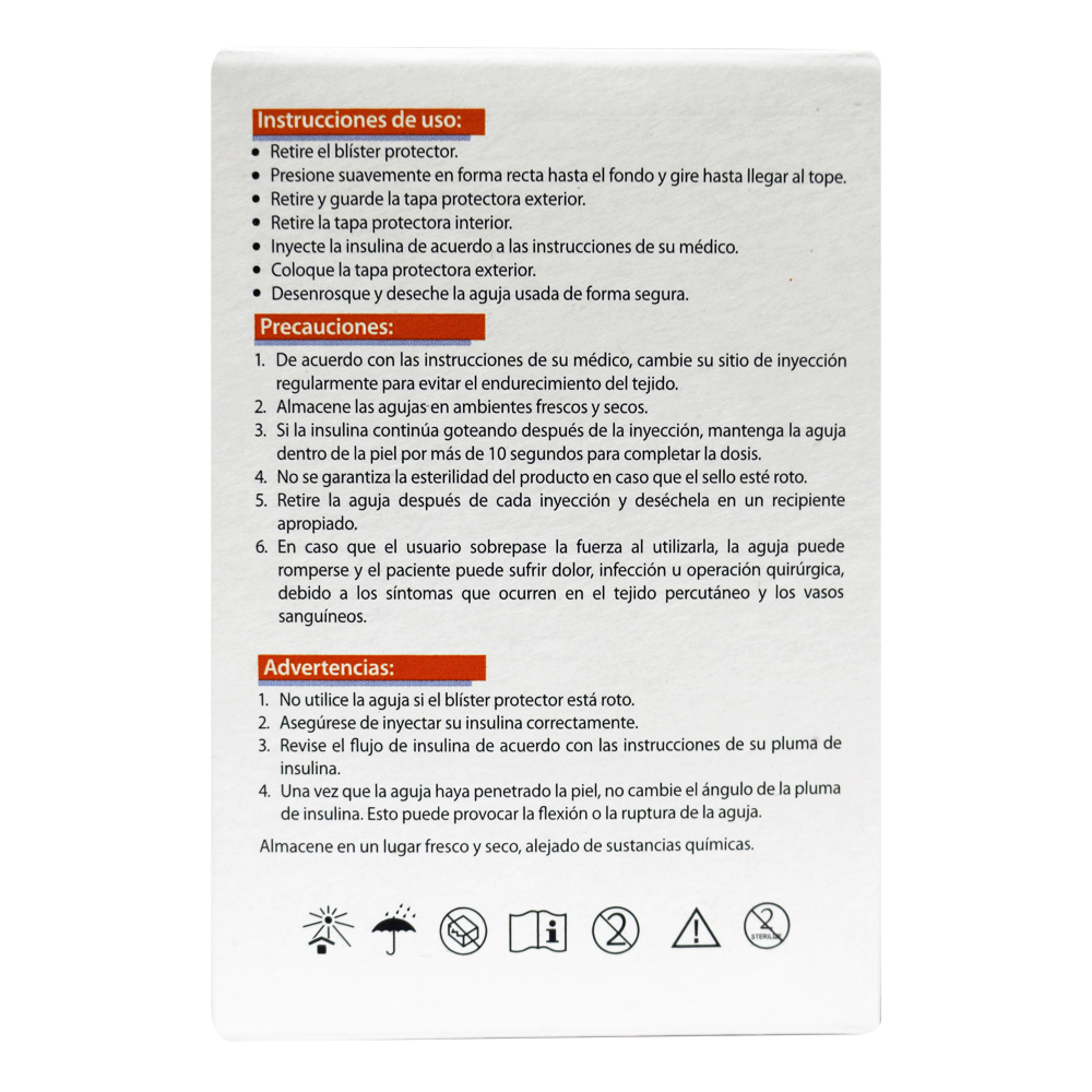 Agujas Desechables para pluma de insulina Caja con 10 piezas, para dispositivos de inyeccion Esteriles 33GRX4MM