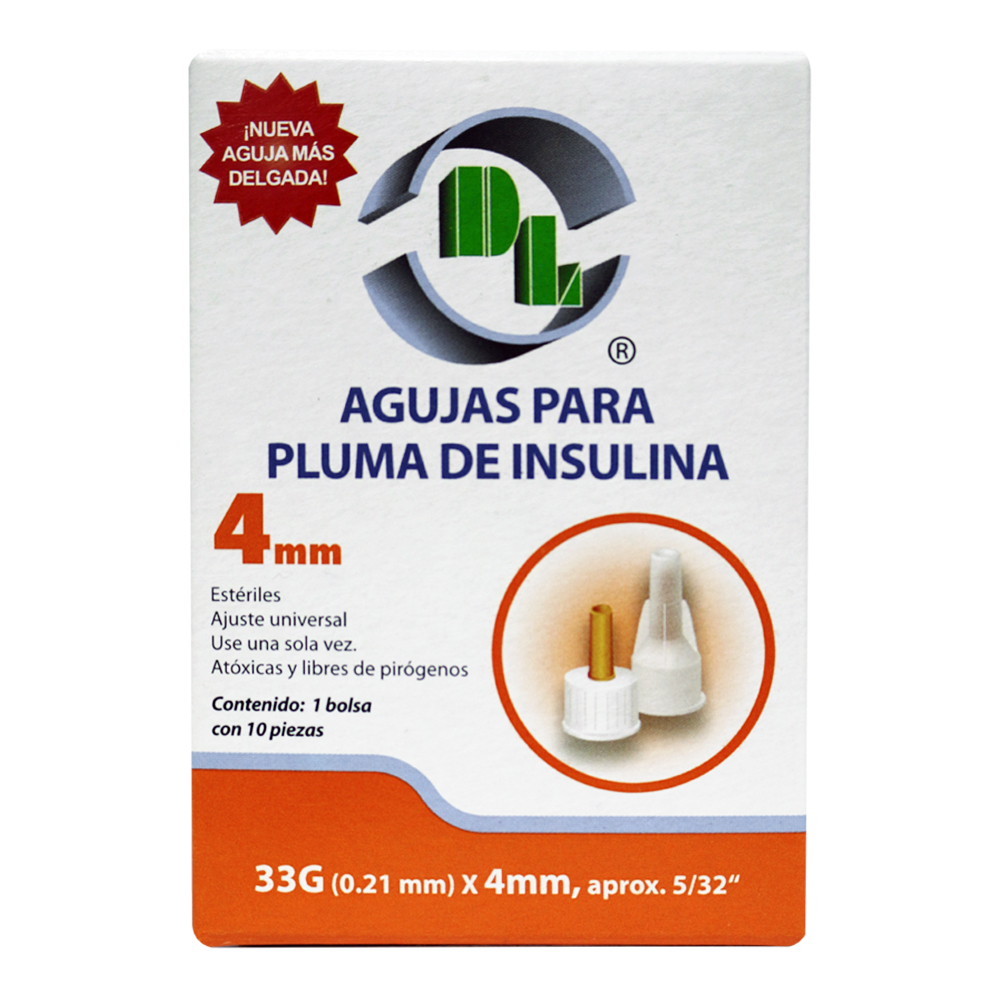 Agujas Desechables para pluma de insulina Caja con 10 piezas, para dispositivos de inyeccion Esteriles 33GRX4MM