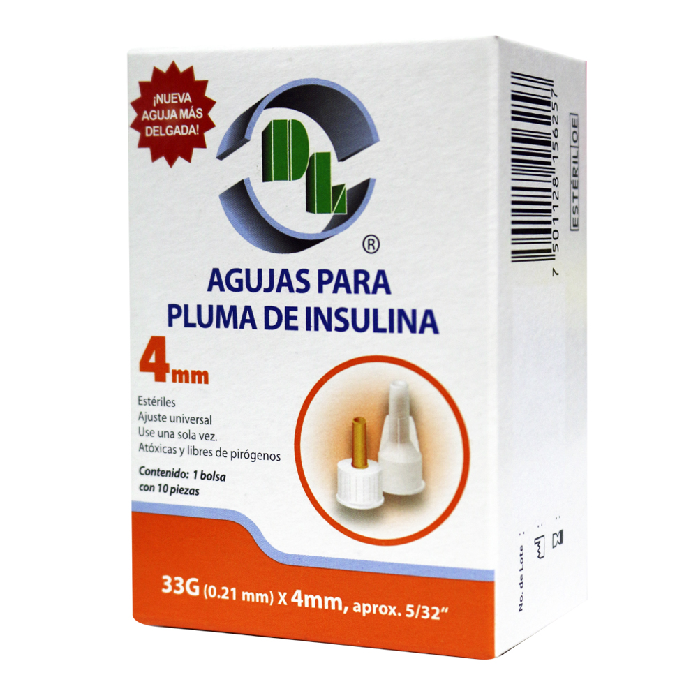 Agujas Desechables para pluma de insulina Caja con 10 piezas, para dispositivos de inyeccion Esteriles 33GRX4MM