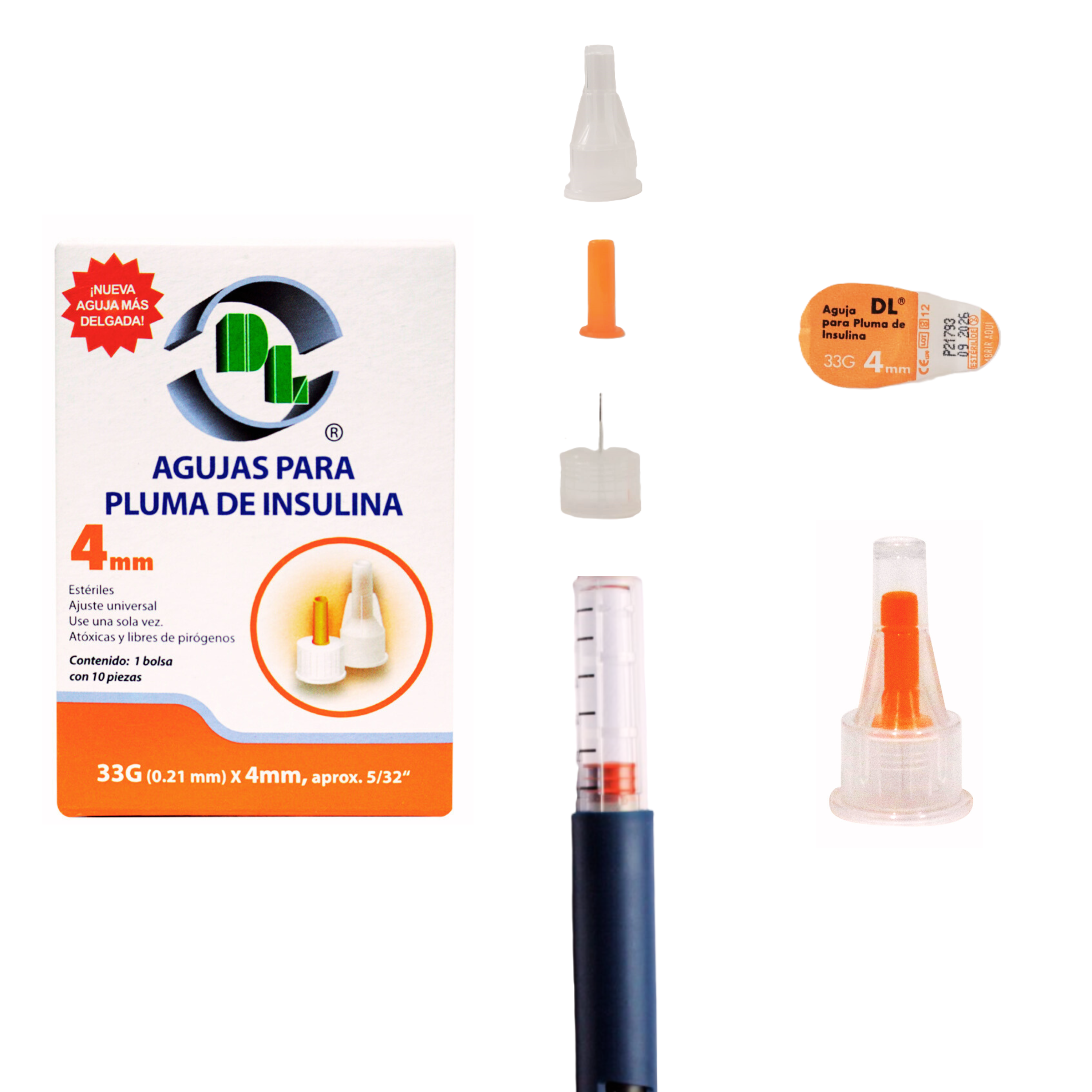 Agujas Desechables para pluma de insulina Caja con 10 piezas, para dispositivos de inyeccion Esteriles 33GRX4MM
