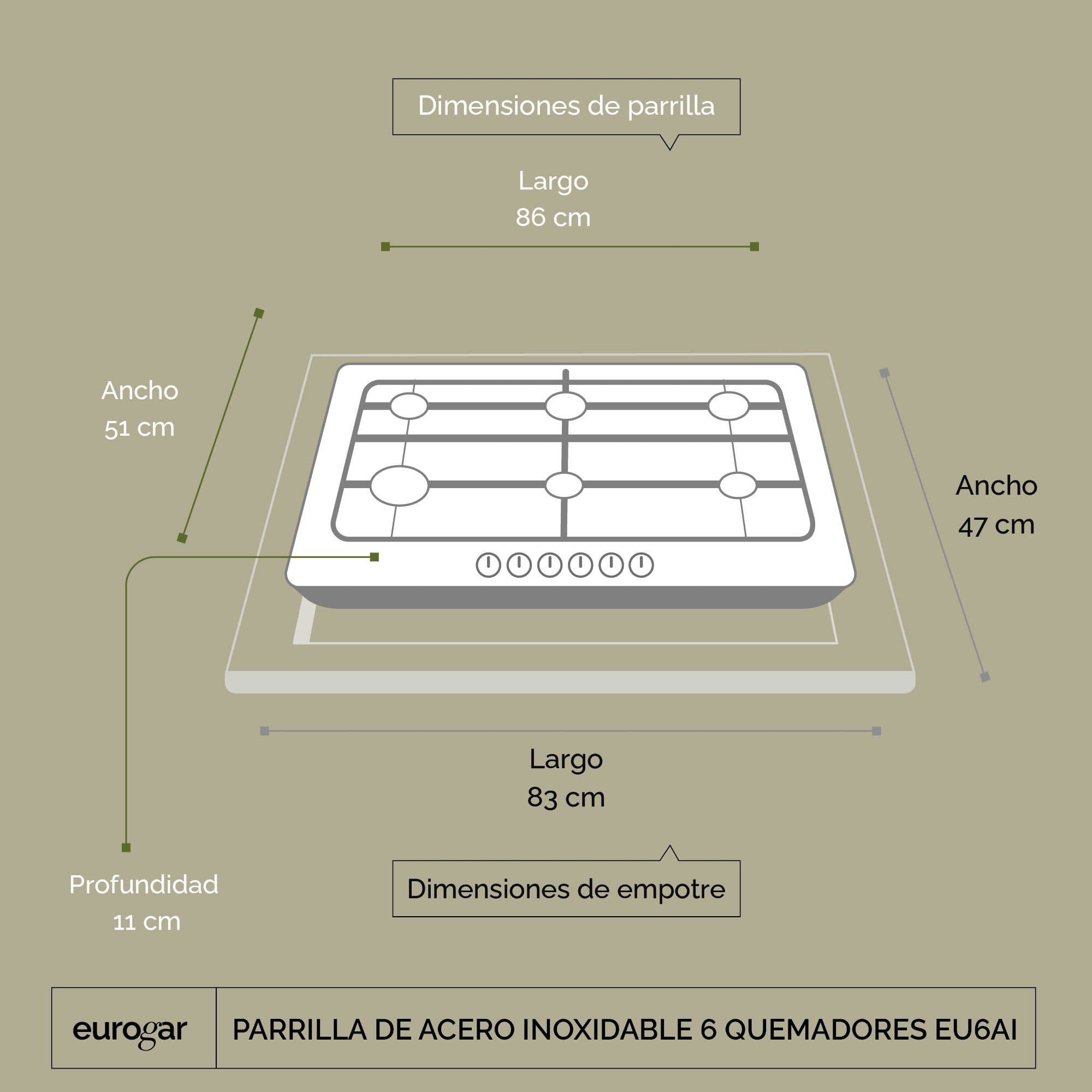 Parrilla A Gas 6 Quemadores Acero Inoxidable  Eurogar EU6AI