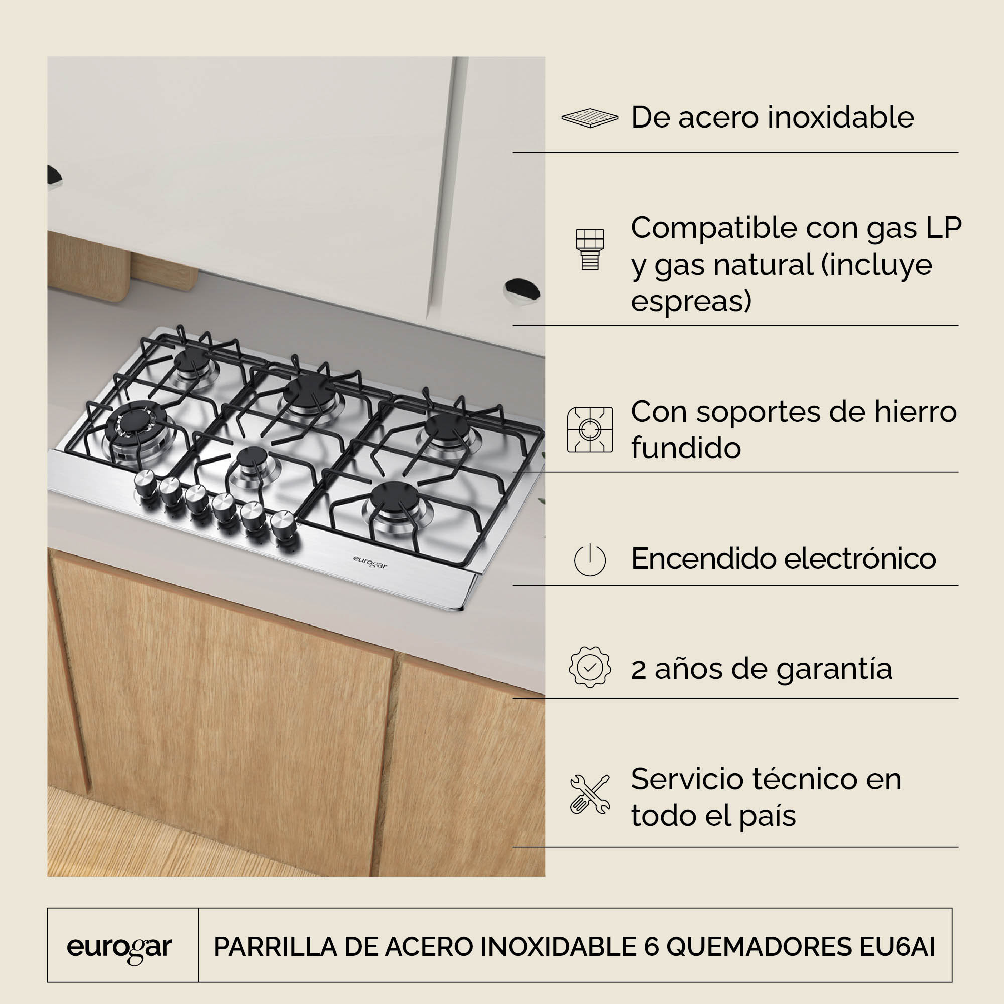 Parrilla A Gas 6 Quemadores Acero Inoxidable  Eurogar EU6AI