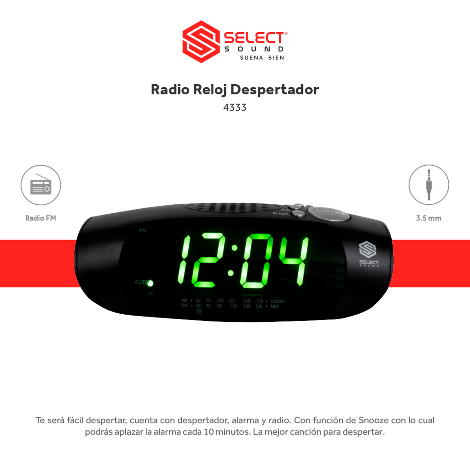 Radio Reloj Despertador Select Sound 4333 con Radio Am/Fm, Entrada Auxiliar