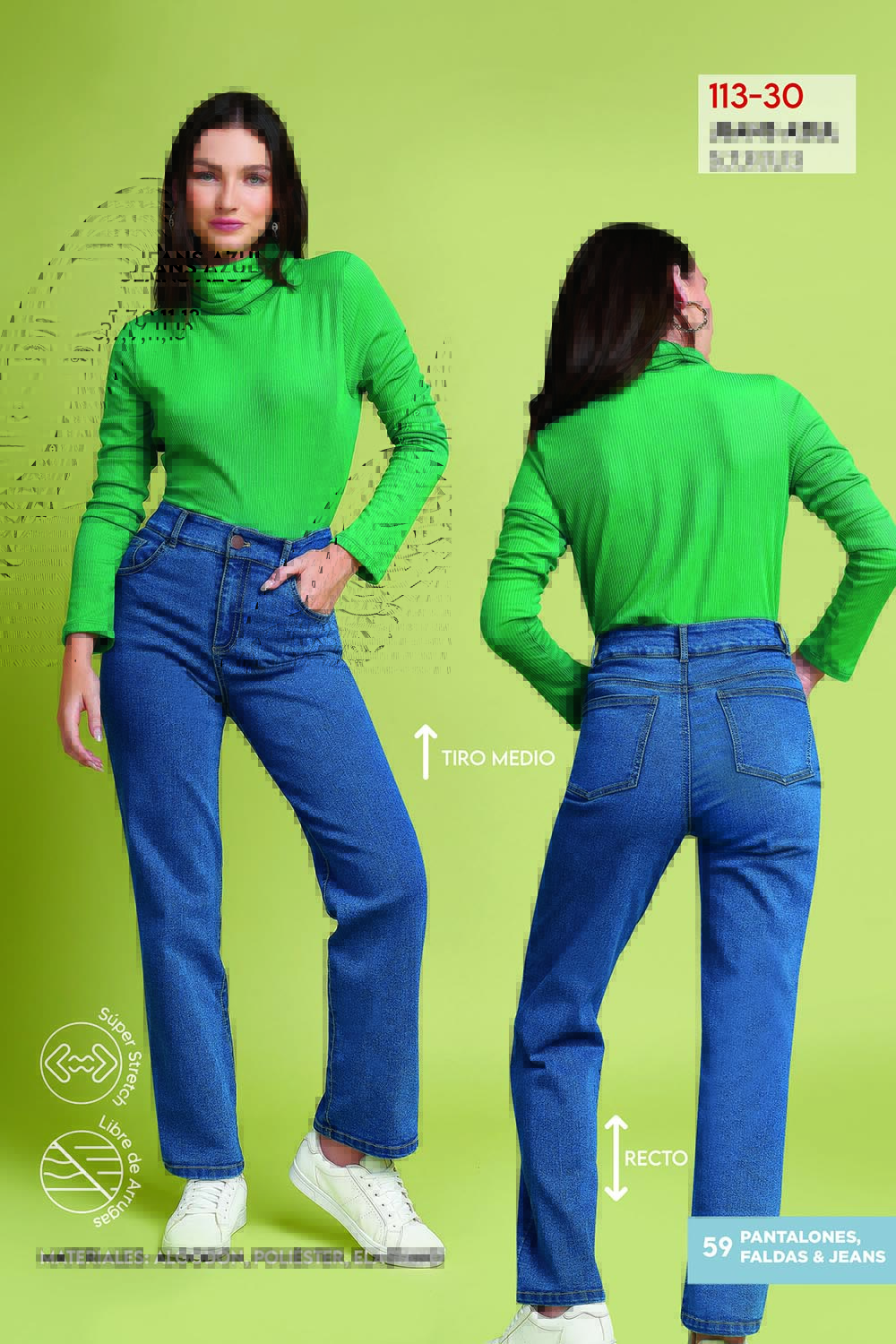 Jeans Tiro Alto, Mezclilla Stretch, Corte Recto, Largo Debajo Tobillo, Bolsas Habilitadas, Pretina Ancha, Botón y Cierre Habilitado, Color Azul Medio 