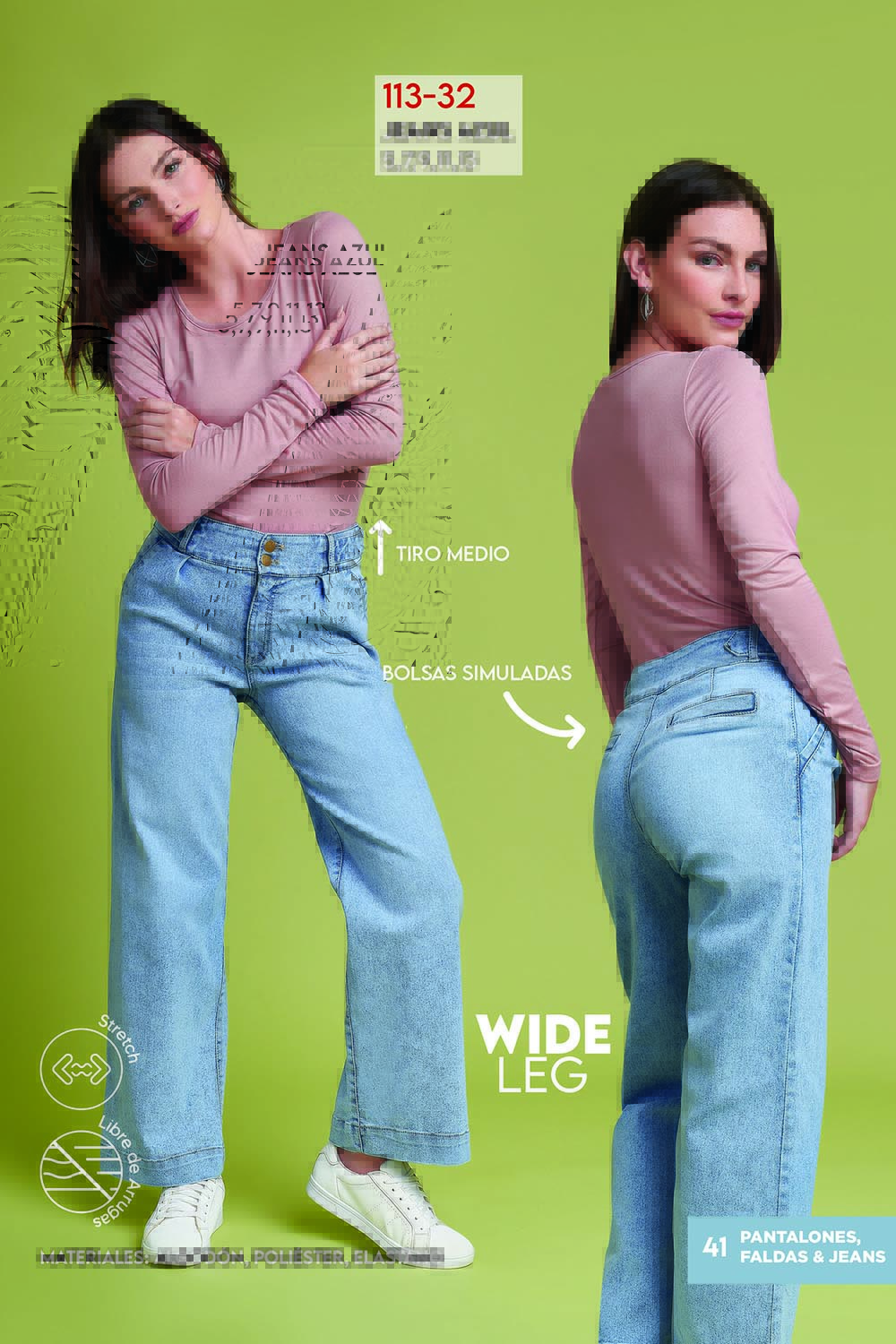 Jeans Tiro Medio, Corte Wide Leg, Mezclilla Super Stretch, Pretina Ancha, Bolsas Habilitadas, Pinzas Decorativas en Frente, Color Azul Claro, Deslavado