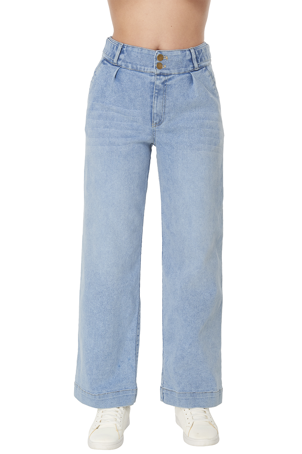 Jeans Tiro Medio, Corte Wide Leg, Mezclilla Super Stretch, Pretina Ancha, Bolsas Habilitadas, Pinzas Decorativas en Frente, Color Azul Claro, Deslavado