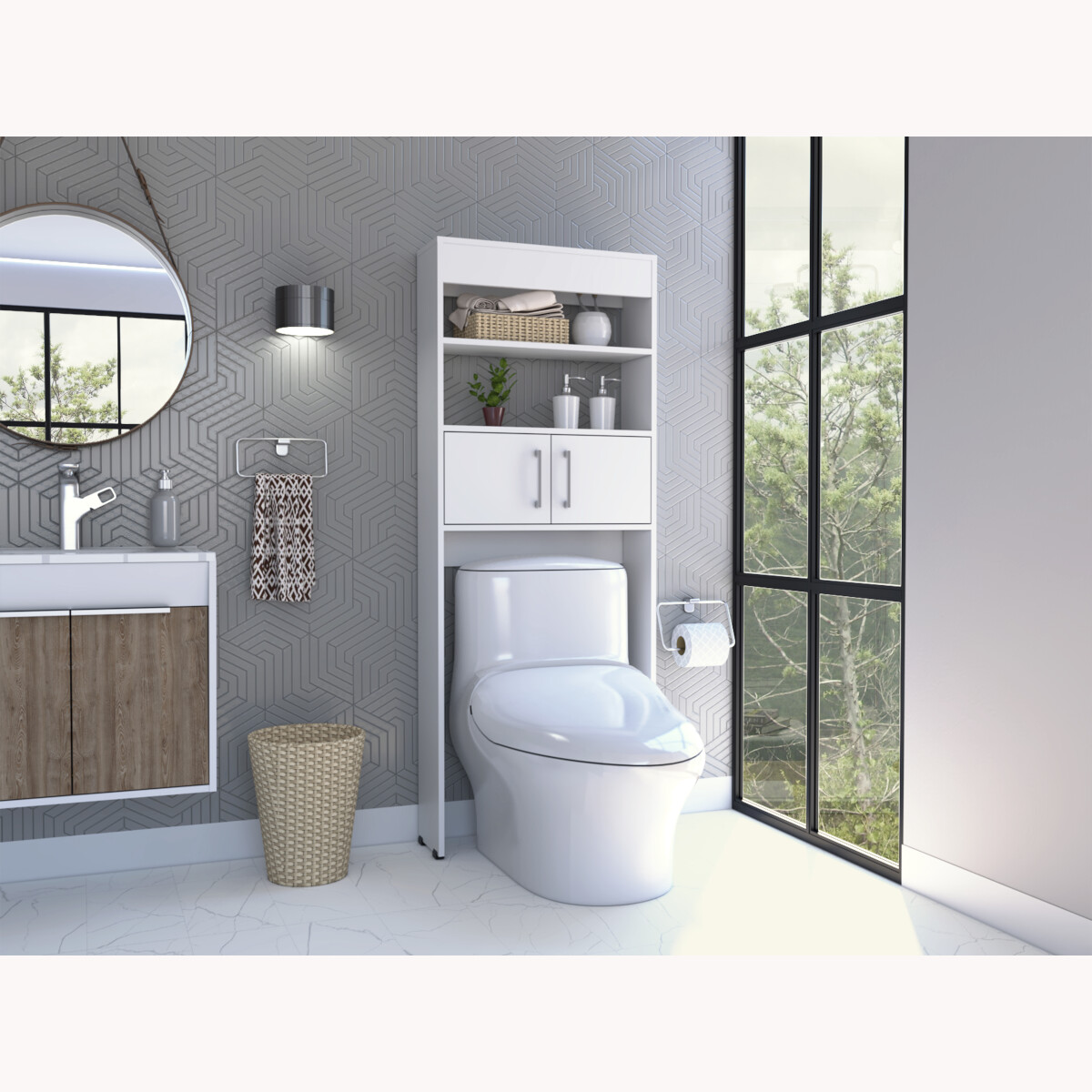 MUEBLE ARMABLE DE ALMACENAMIENTO PARA BAÑO IDEAL PARA COLOCAR SOBRE EL INODORO COLOR BLANCO MODELO MADRID.