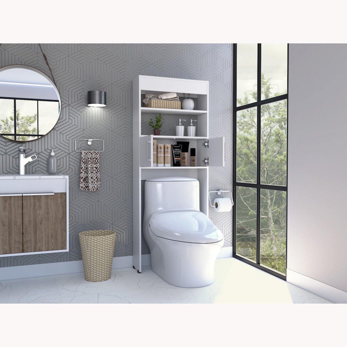MUEBLE ARMABLE DE ALMACENAMIENTO PARA BAÑO IDEAL PARA COLOCAR SOBRE EL INODORO COLOR BLANCO MODELO MADRID.