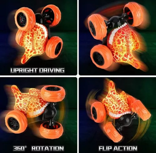 Carro Stunt 360° Cabeza Dinosaurio Y Radio Control De Fósil Naranja.