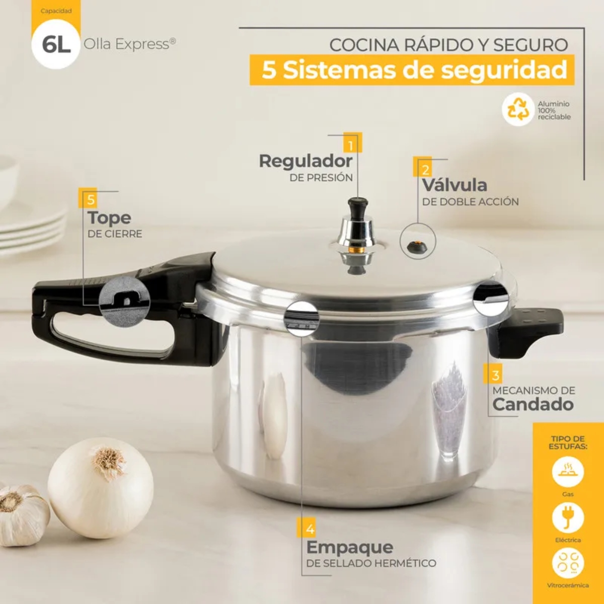 Olla de Presión Vasconia Ekco-6 / 31091 Aluminio 6 Litros ORTY3*