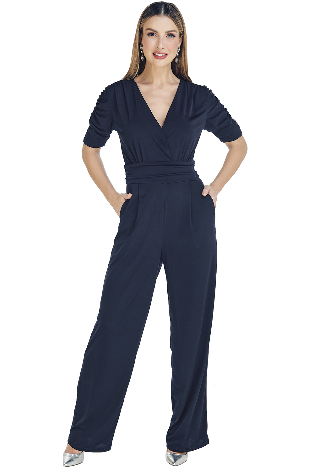 Palazzo jumpsuit, Enterizo, Tela Ligera, Super Stretch, Color Azul Marino, Manga Corta con Volumen, Escote en V Cruzado, Pretina Plisada, Bolsas Habilitadas