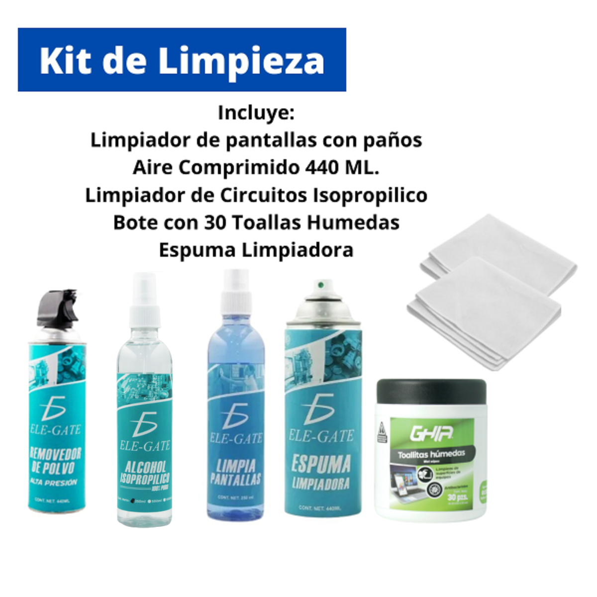 Kit De Limpieza 7 Pz Aire Toallas Húmedas Alcohol Espuma.