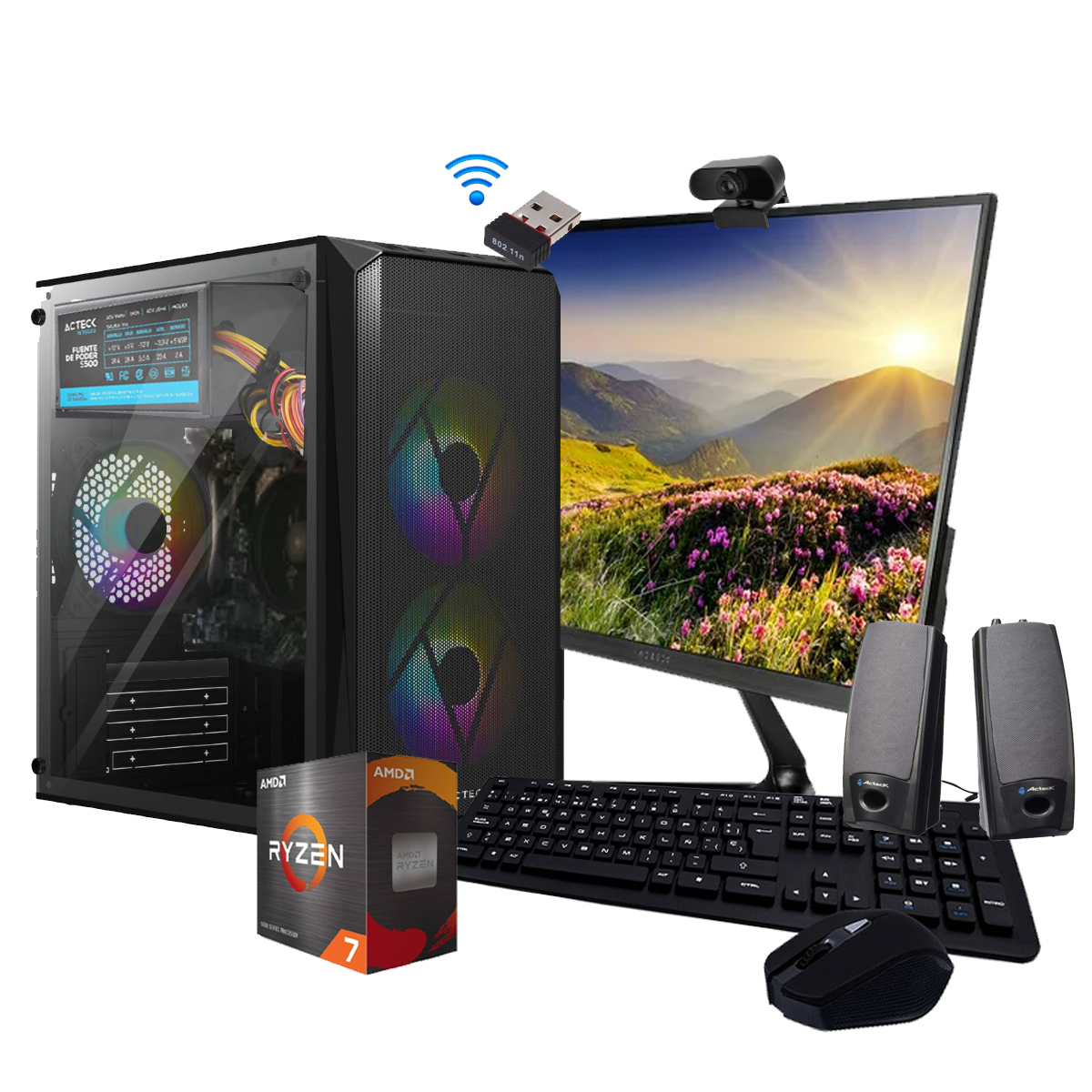 Pc Computadora Armada Ryzen 7, 16gb Ram 960Gb SSD Bocinas, Wifi, Cam web, Monitor 21.5" Full HD
