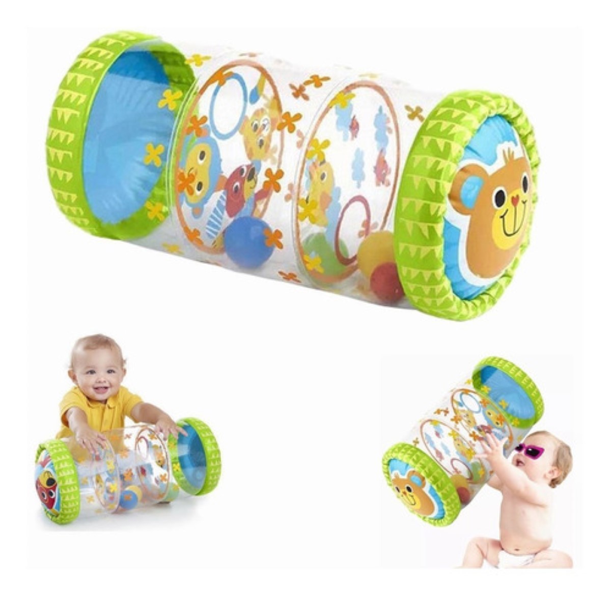 "Rodillo Cilindro Inflable Para Bebé Estimulación Gateo Oso, Verde "