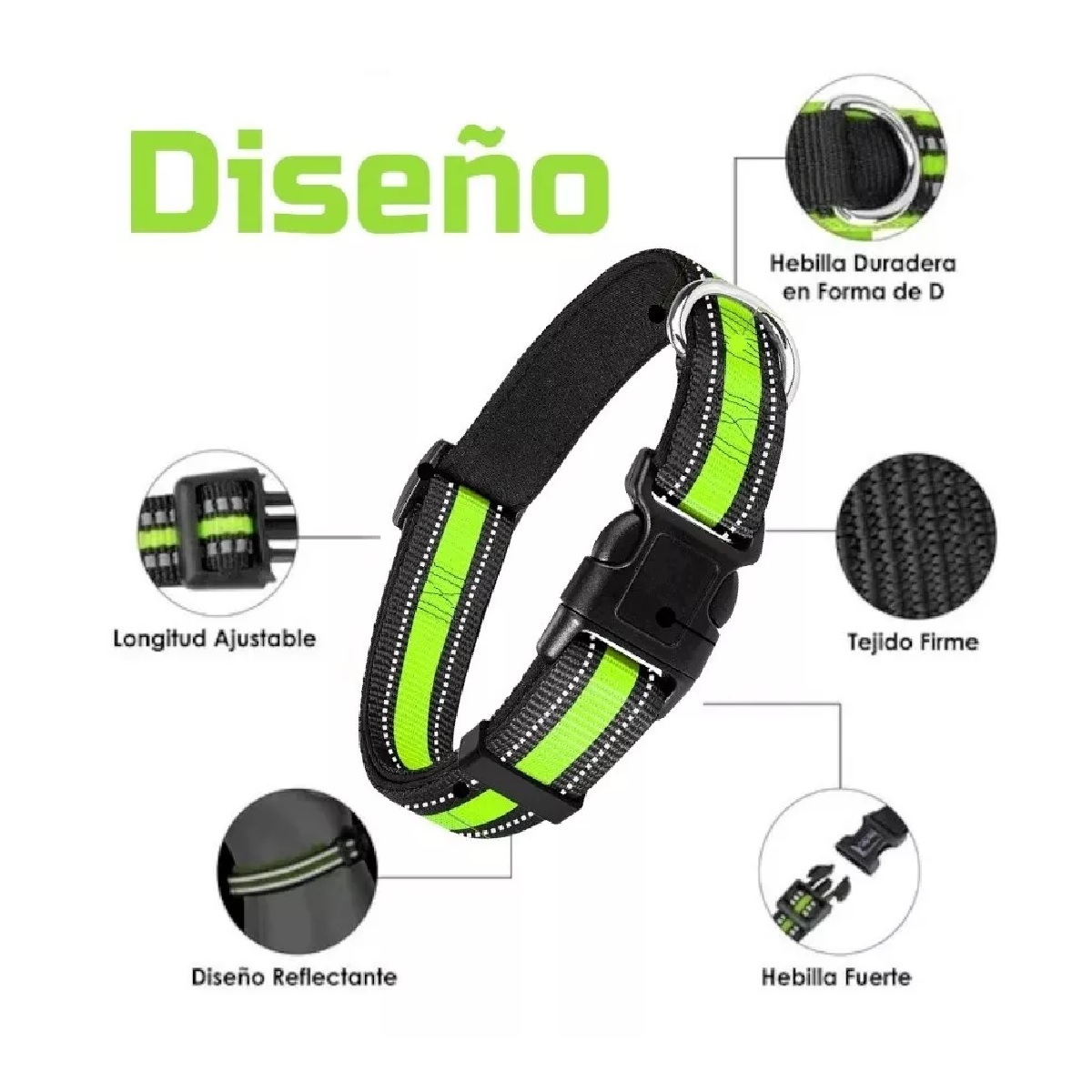 Collar Reflejante Para Perros Con Broche Seguridad Ajustable Grande.