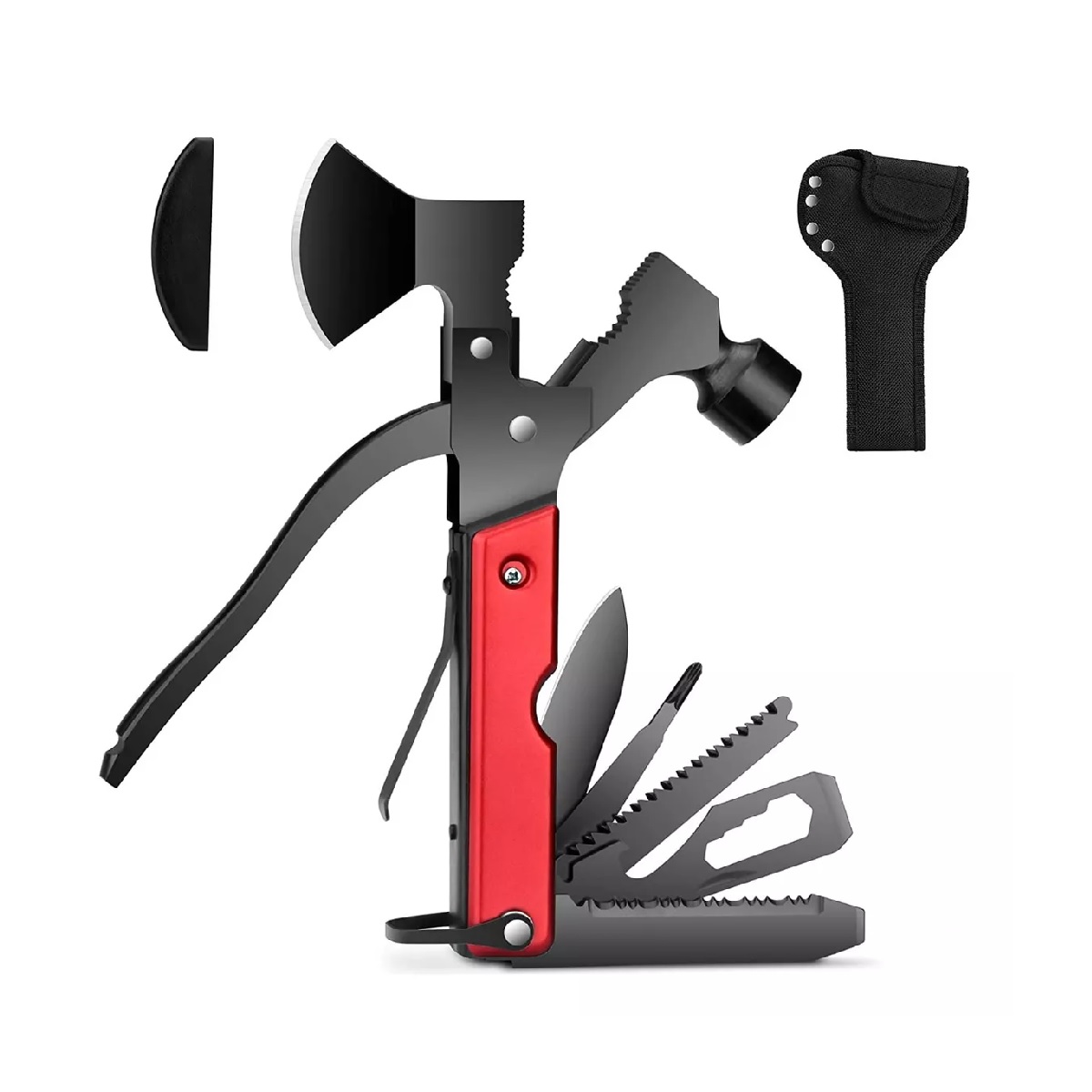 Multiherramienta Portatil Martillo Y Hacha 16 En 1 Con Funda Rojo.