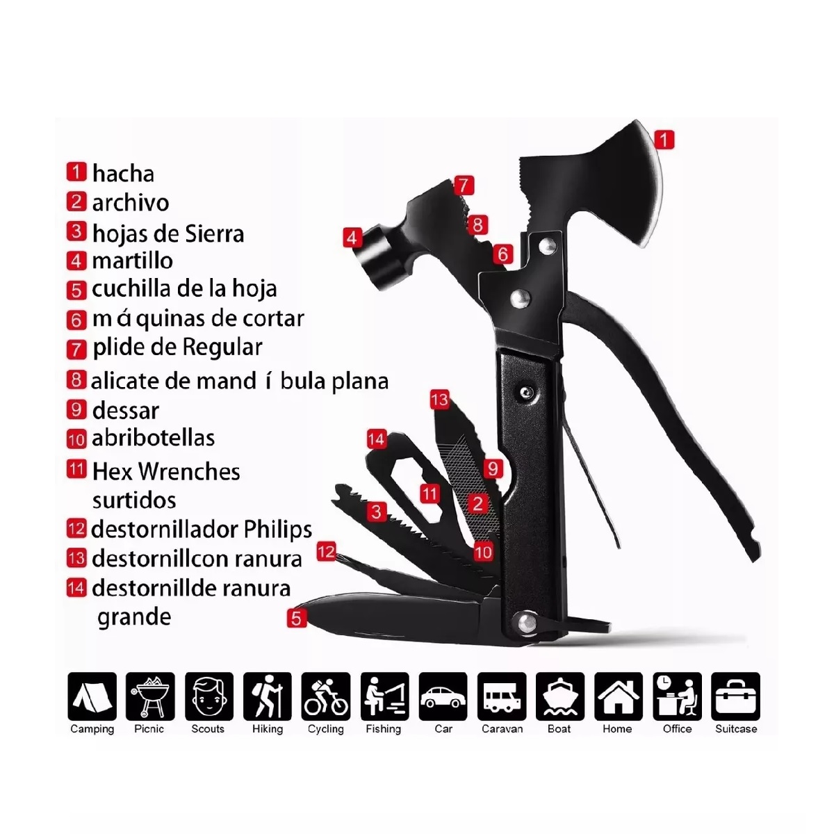 Multiherramienta Portatil Martillo Y Hacha 16 En 1 Con Funda Rojo.