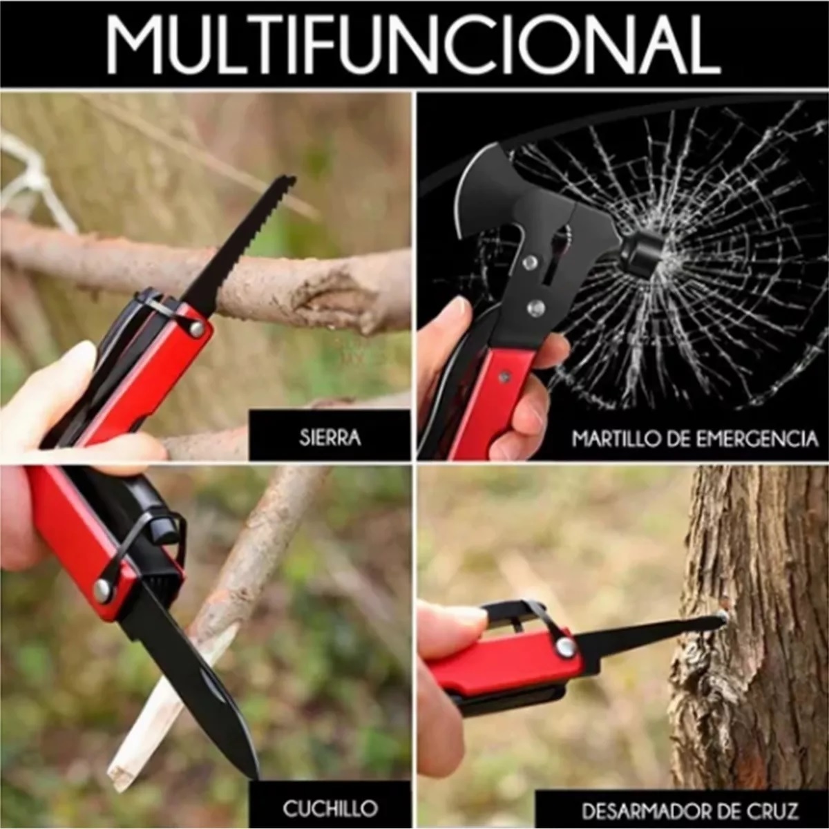 Multiherramienta Portatil Martillo Y Hacha 16 En 1 Con Funda Rojo.