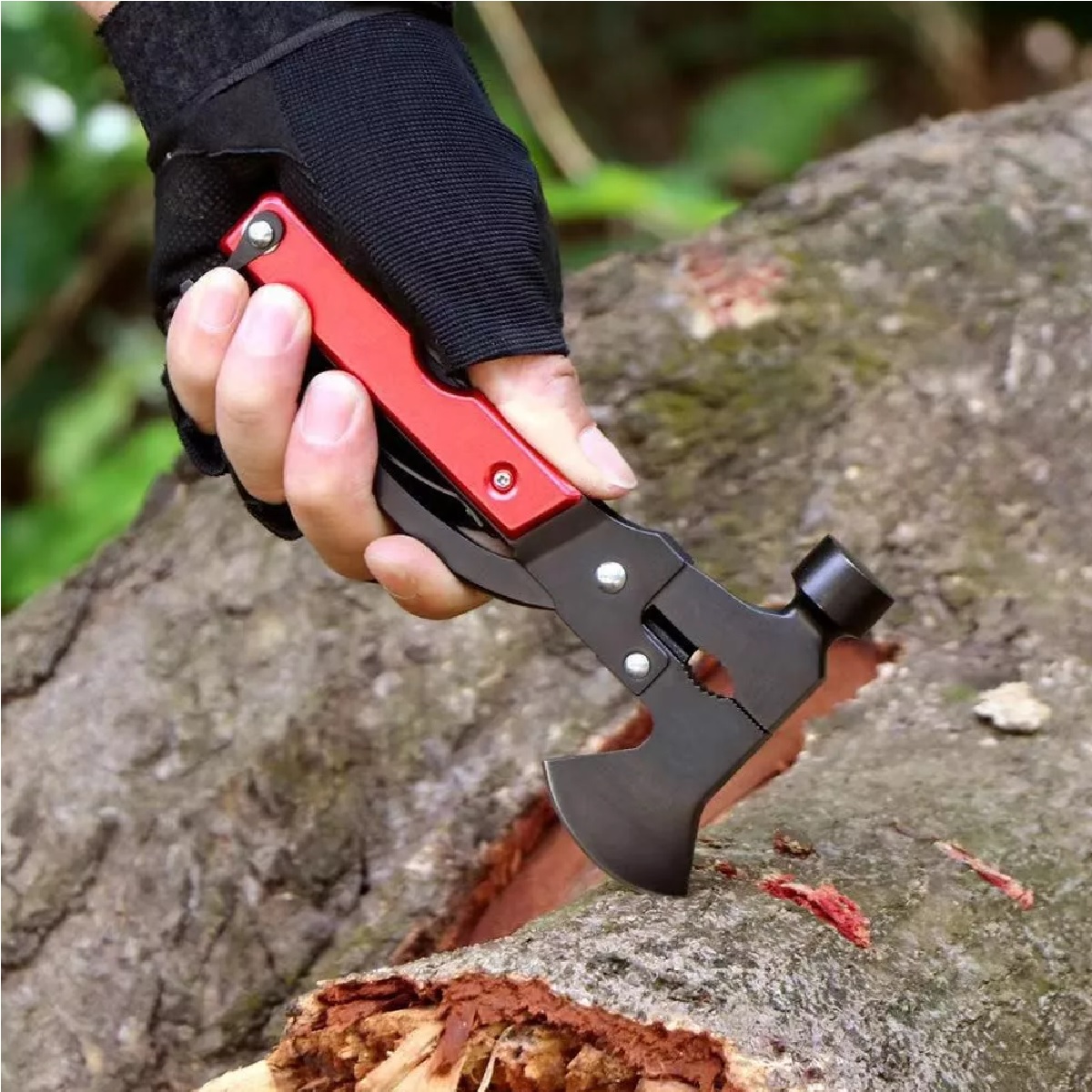 Multiherramienta Portatil Martillo Y Hacha 16 En 1 Con Funda Rojo.