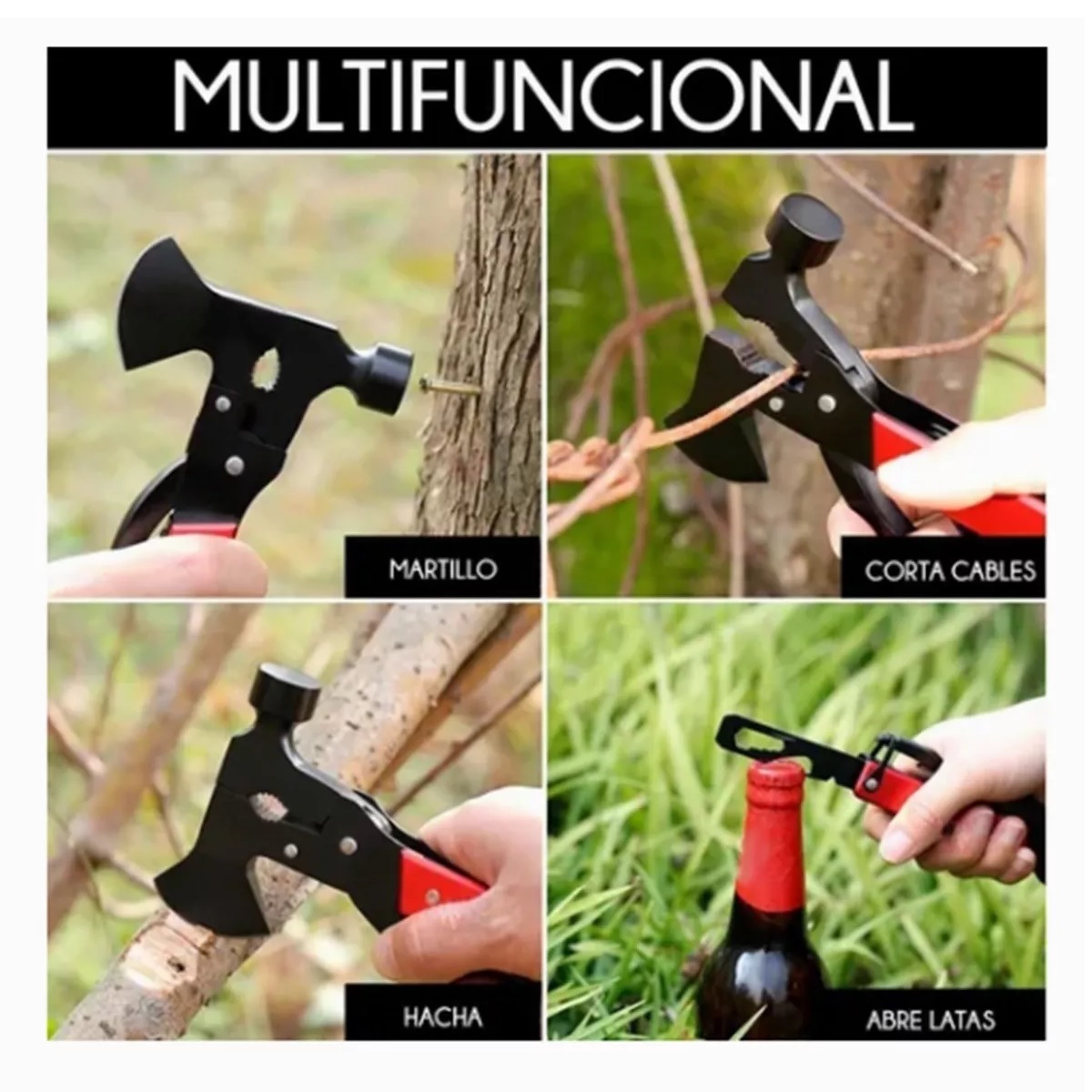 Multiherramienta Portatil Martillo Y Hacha 16 En 1 Con Funda Rojo.