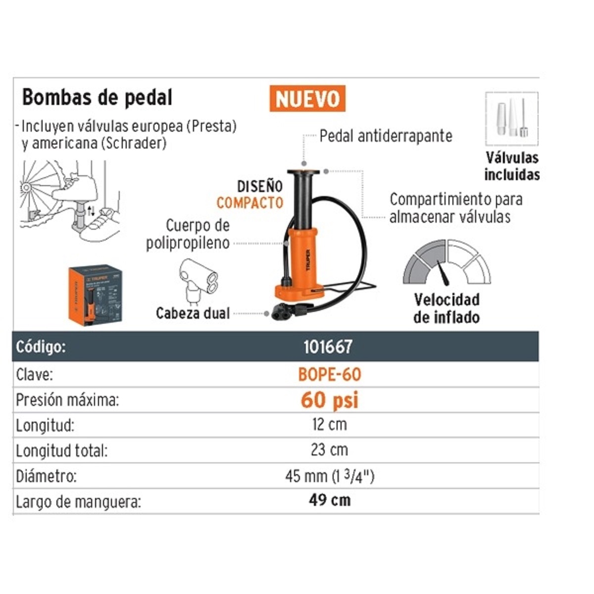 Bomba Aire Pedal Para Inflar Llantas Balones Incluye Válvula.