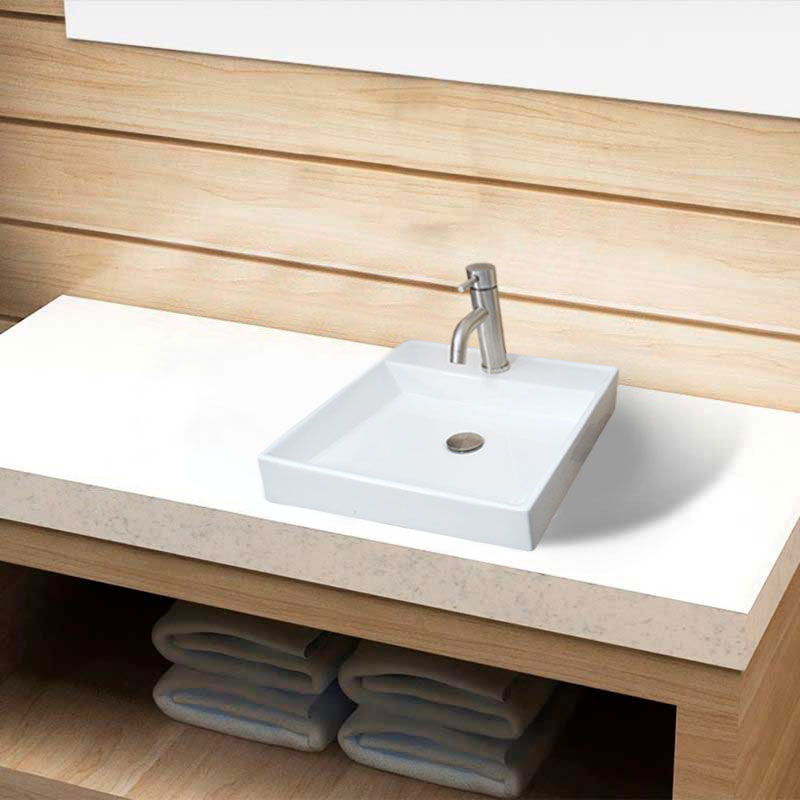 Lavabo de Cerámica Blanco cuadrado de sobreponer con orificio para monomando