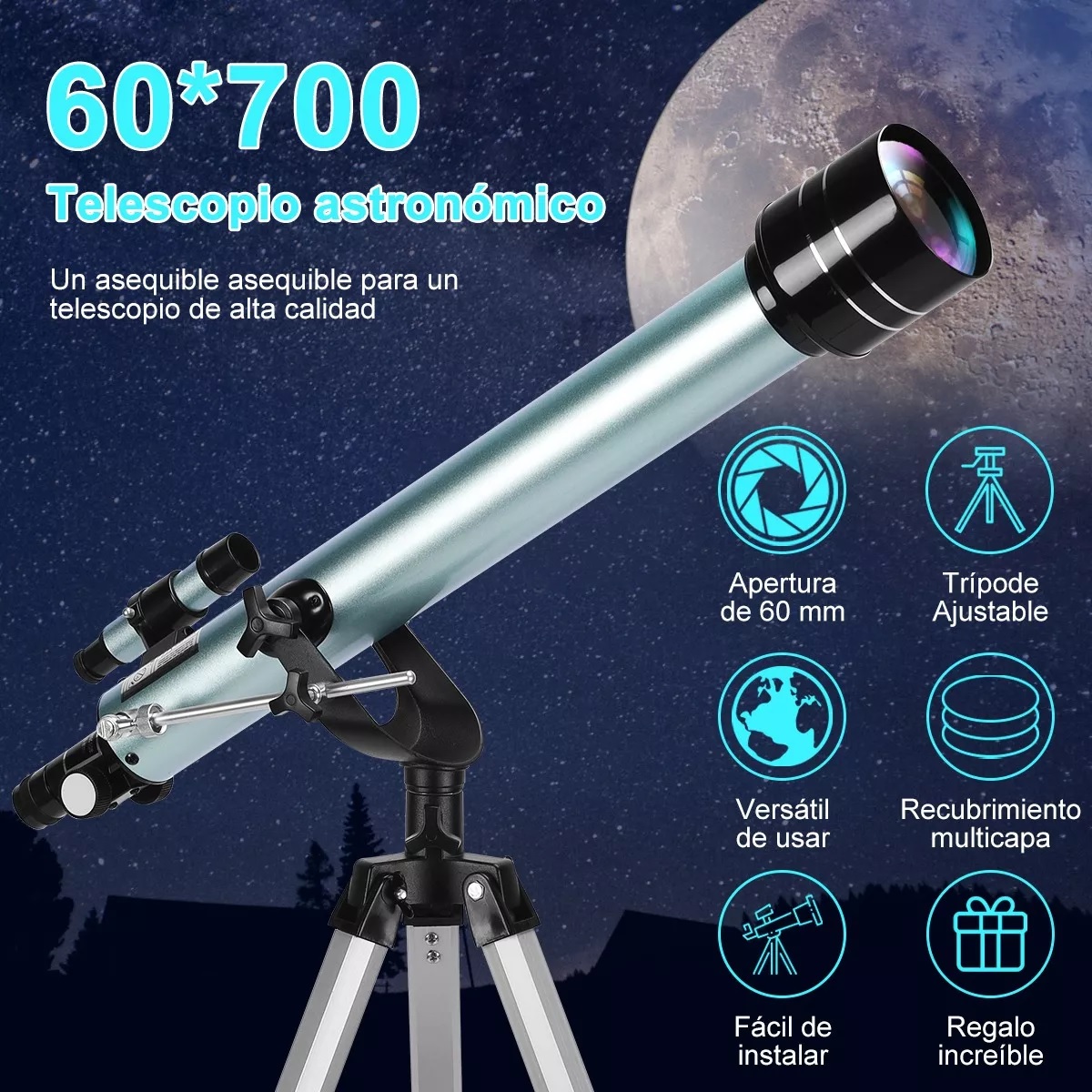 Telescopio Astronómico Profesional 60/700mm Monocular 525x.