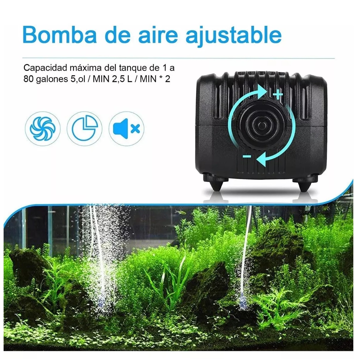Bomba De Aire Oxigeno Acuario 300l Para Pecera Y 2m Tubo.