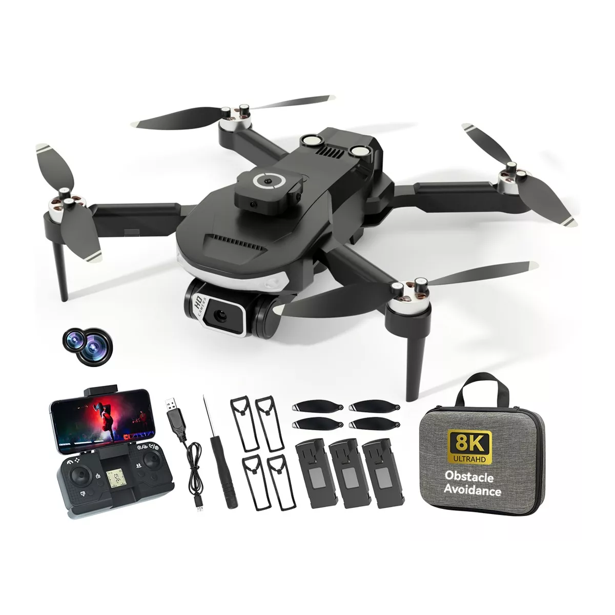 Drone 8k, 2.4g Drone Wifi Plegable Cámara Doble 3 Baterías.