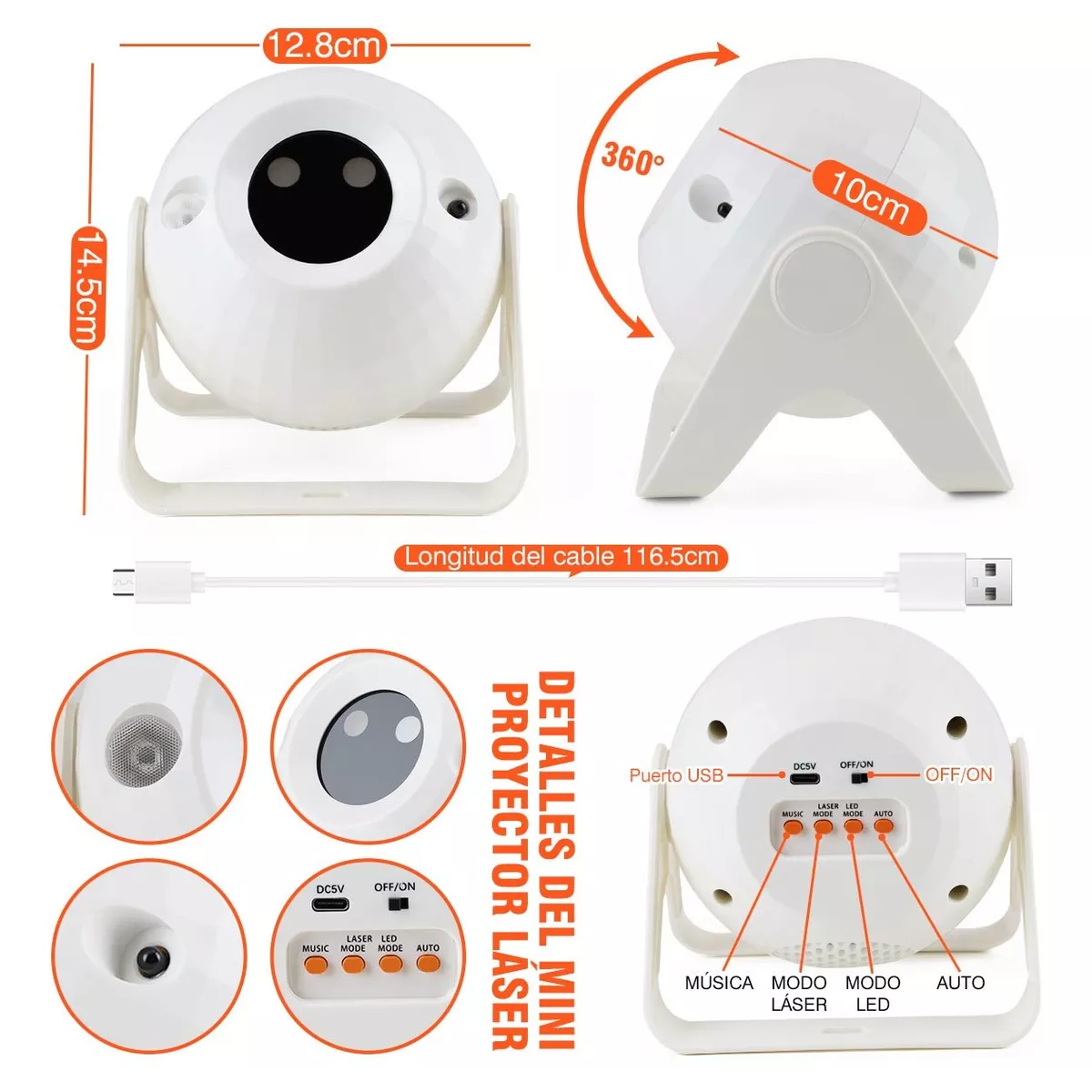 Cañon Led Audiorítmico Esfera Proyector Láser Bola Dj Fiesta Blanco.