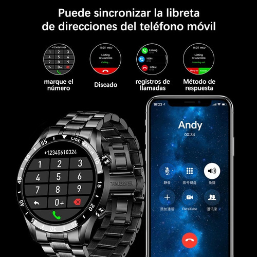 Lige - Reloj Inteligente Para Hombre bluetooth, Impermeable Color de la caja Negro Color de la correa Negro Color del bisel Negro