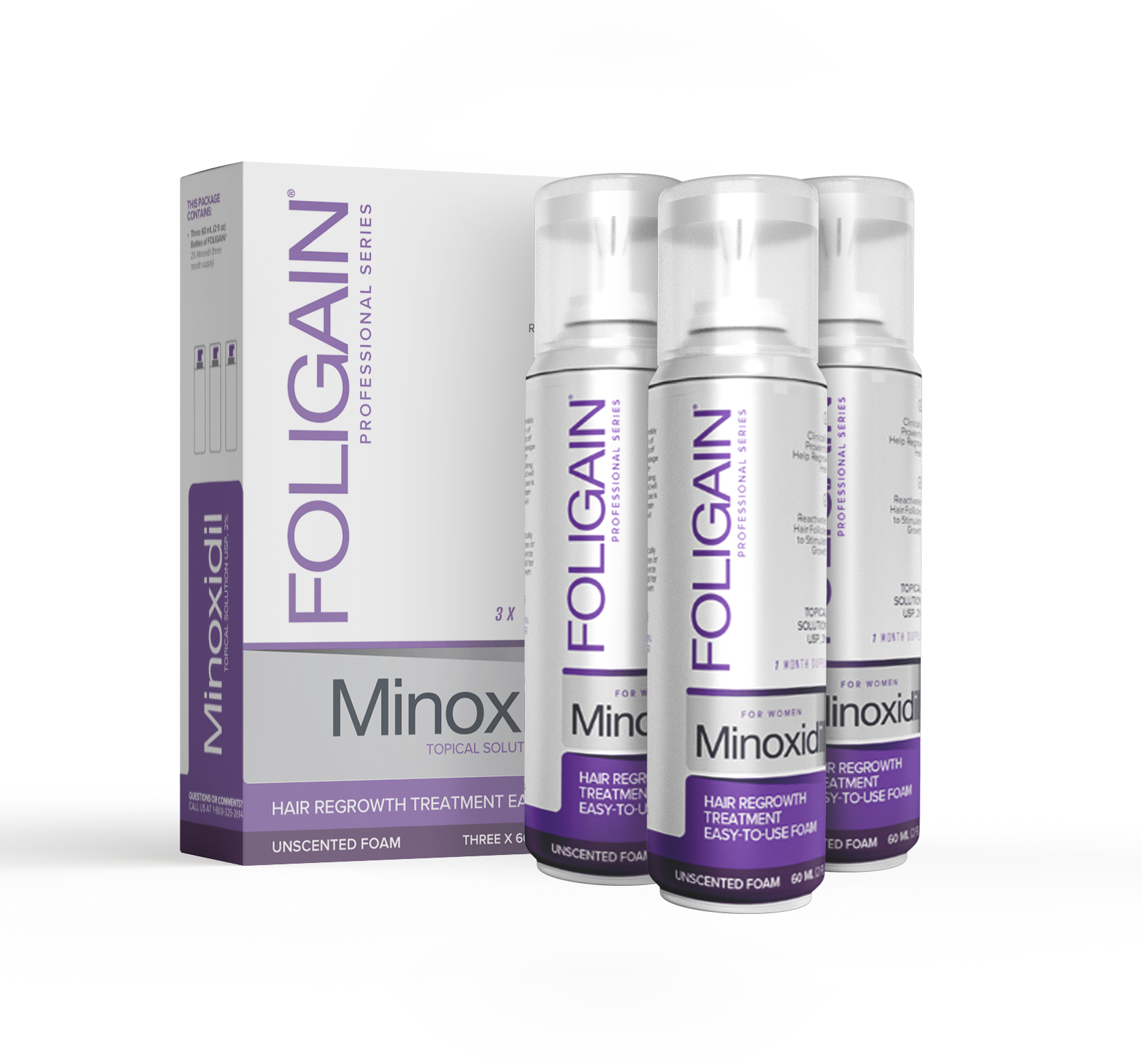 FOLIGAIN MINOXIDIL 2% ESPUMA PARA EL CRECIMIENTO DEL CABELLO para mujeres Tres Botellas 3 meses de suministro.