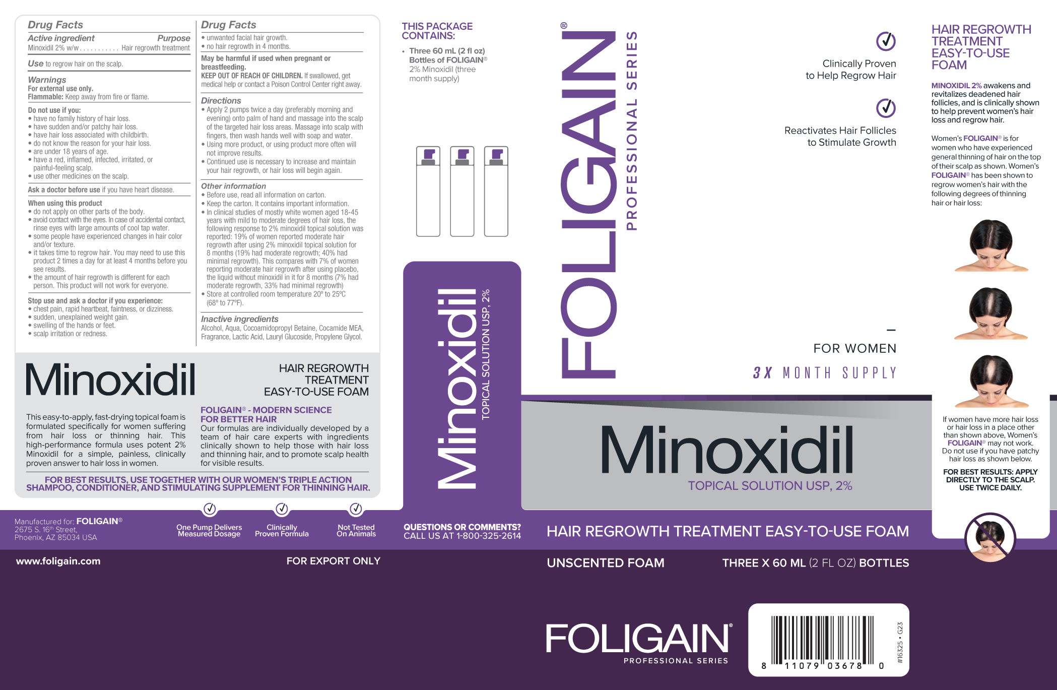 FOLIGAIN MINOXIDIL 2% ESPUMA PARA EL CRECIMIENTO DEL CABELLO para mujeres Tres Botellas 3 meses de suministro.
