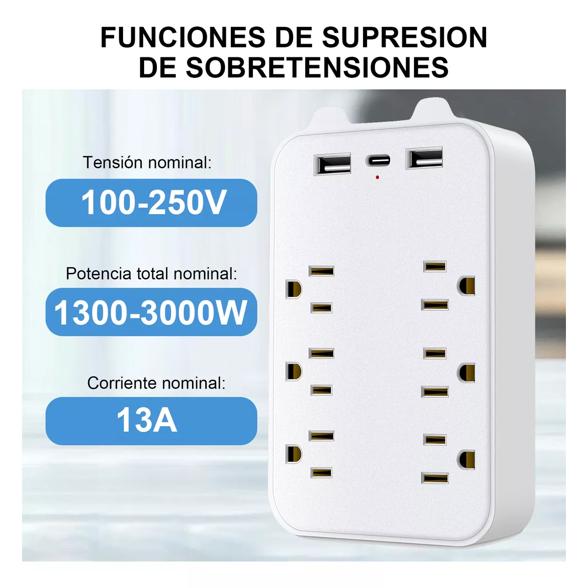 Adaptador De Pared Multicontactos, 6 Toma, 2 Usb, 1 Tipo C Blanco.