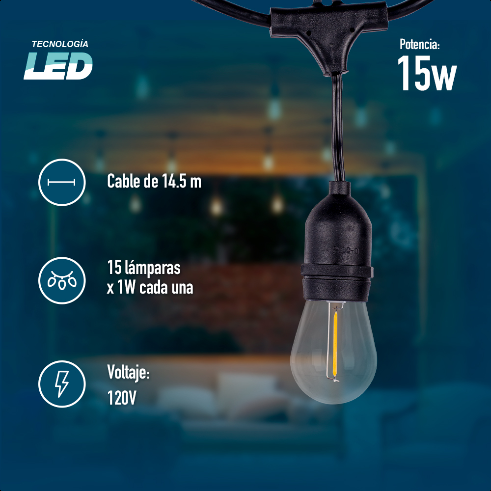 ICON Guirnalda Vintage Luces Para Exterior 15 Focos 14.6 Metros.