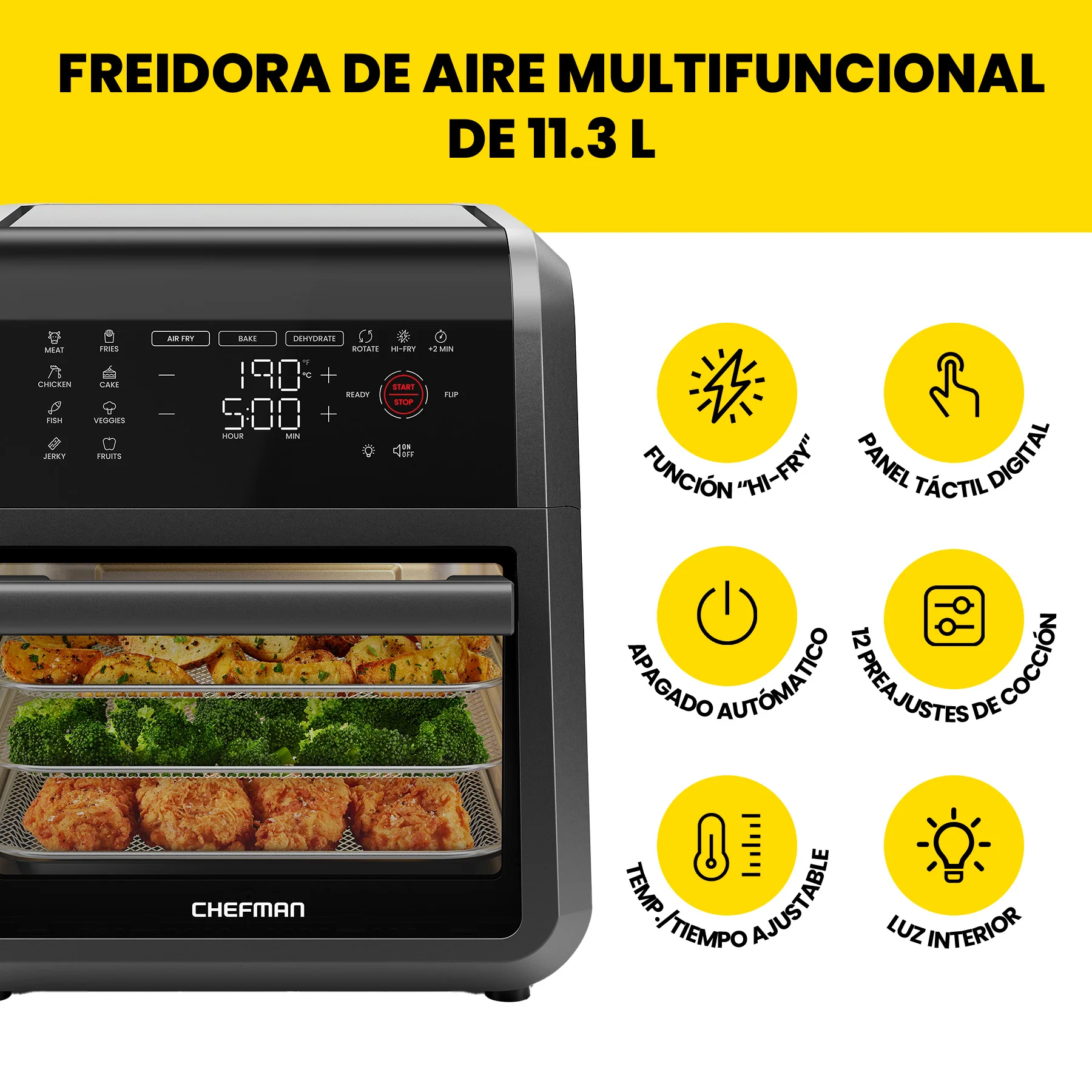 Freidora de Aire Chefman RJ38-RDO-V12-MX Digital 11 Litros Plata.