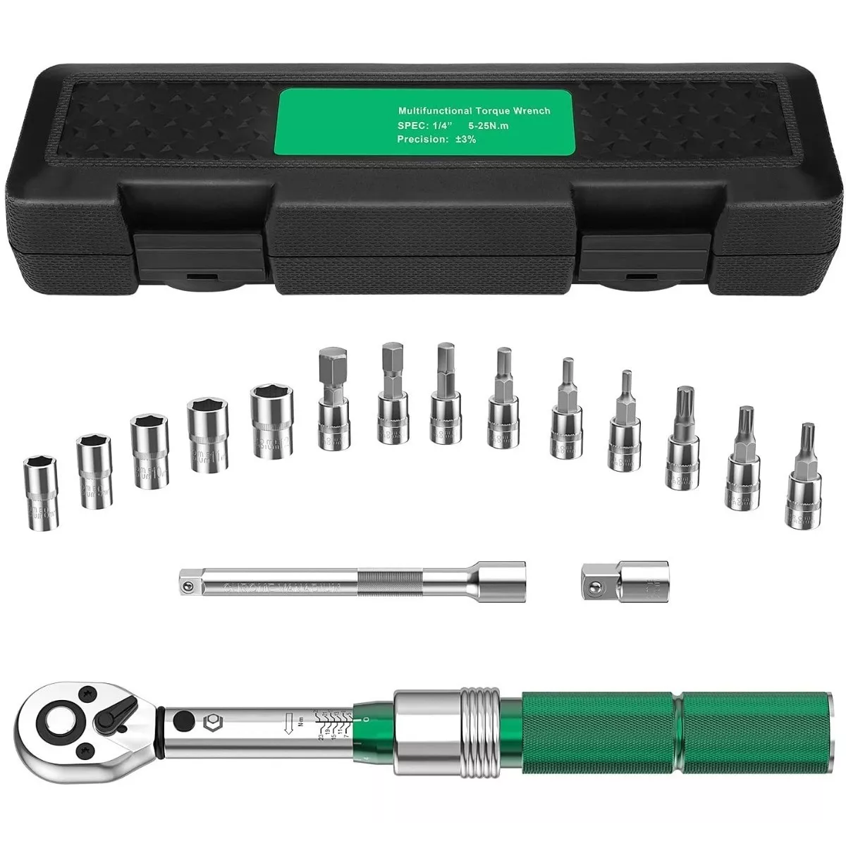 Set Llave Dinamométrica 1/4 5-25 Nm 17 Piezas.