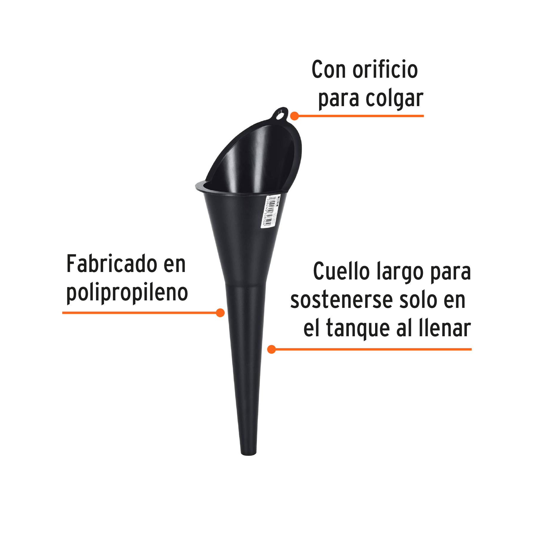 Embudo plástico 2.5", Para usos generales y gasolina, llenado de bidones, tanques, tambos, botes, botellas.