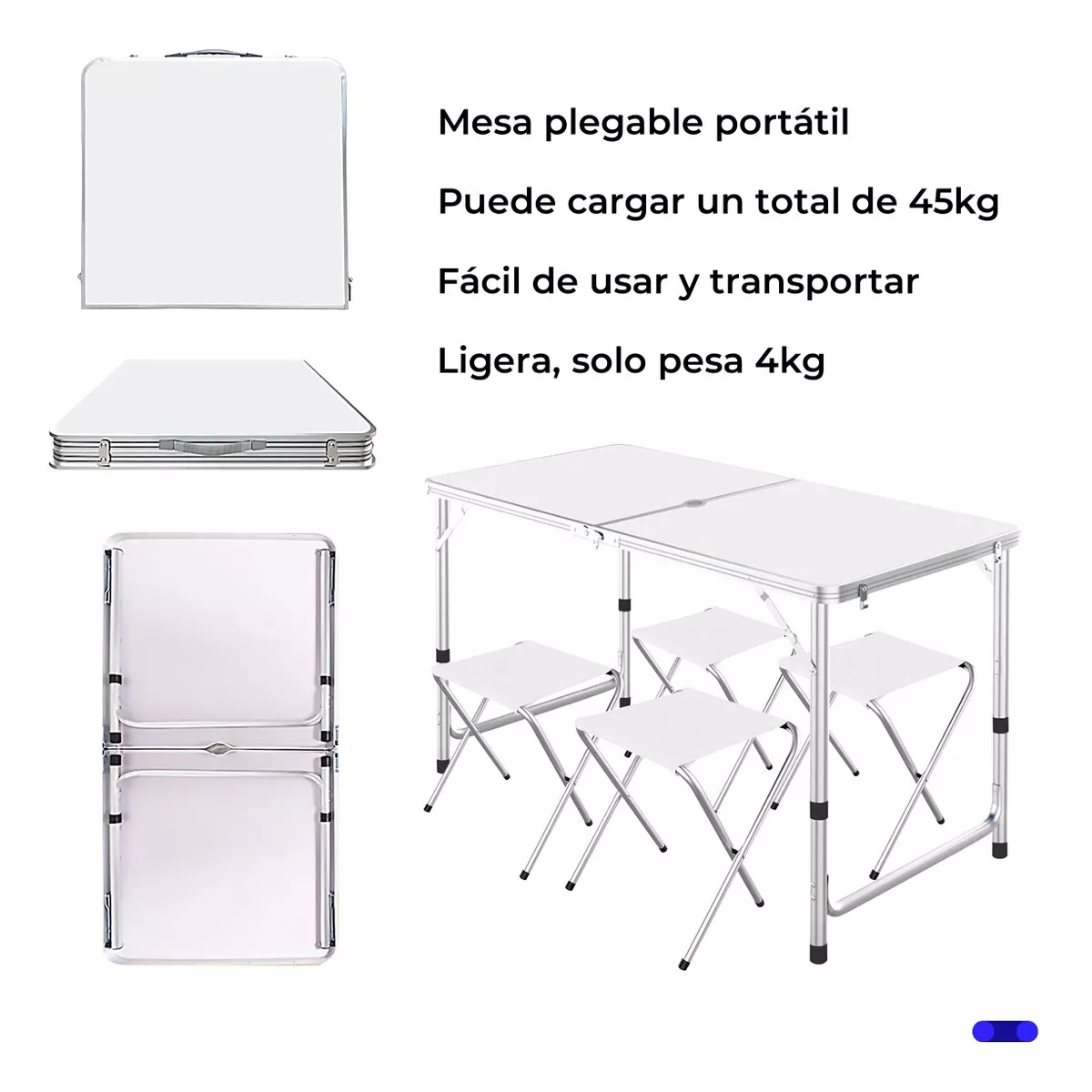 Mesa Plegable Tipo Portafolio 1.20 M Con 4 Sillas Portátiles Blanco.