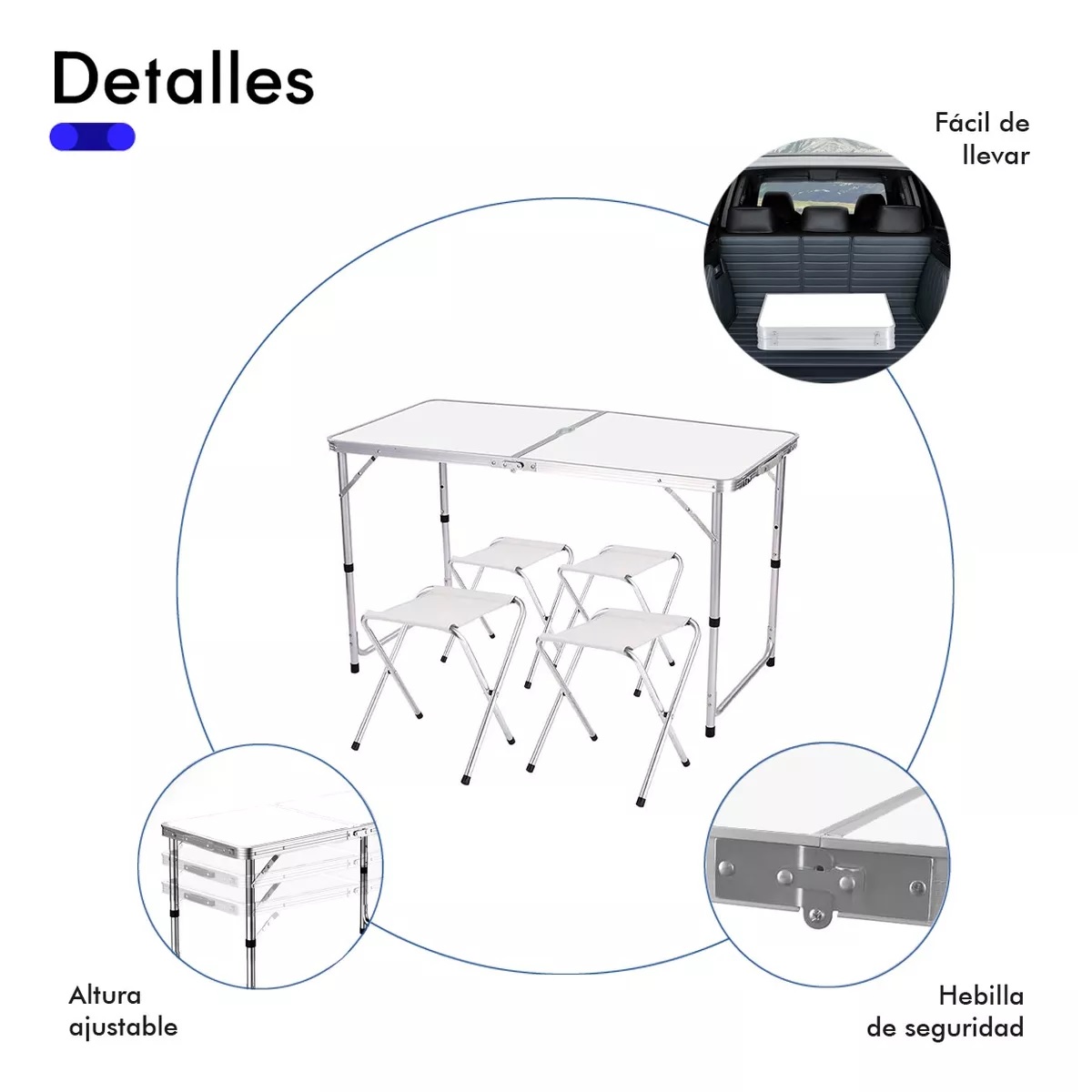 Mesa Plegable Tipo Portafolio 1.20 M Con 4 Sillas Portátiles Blanco.